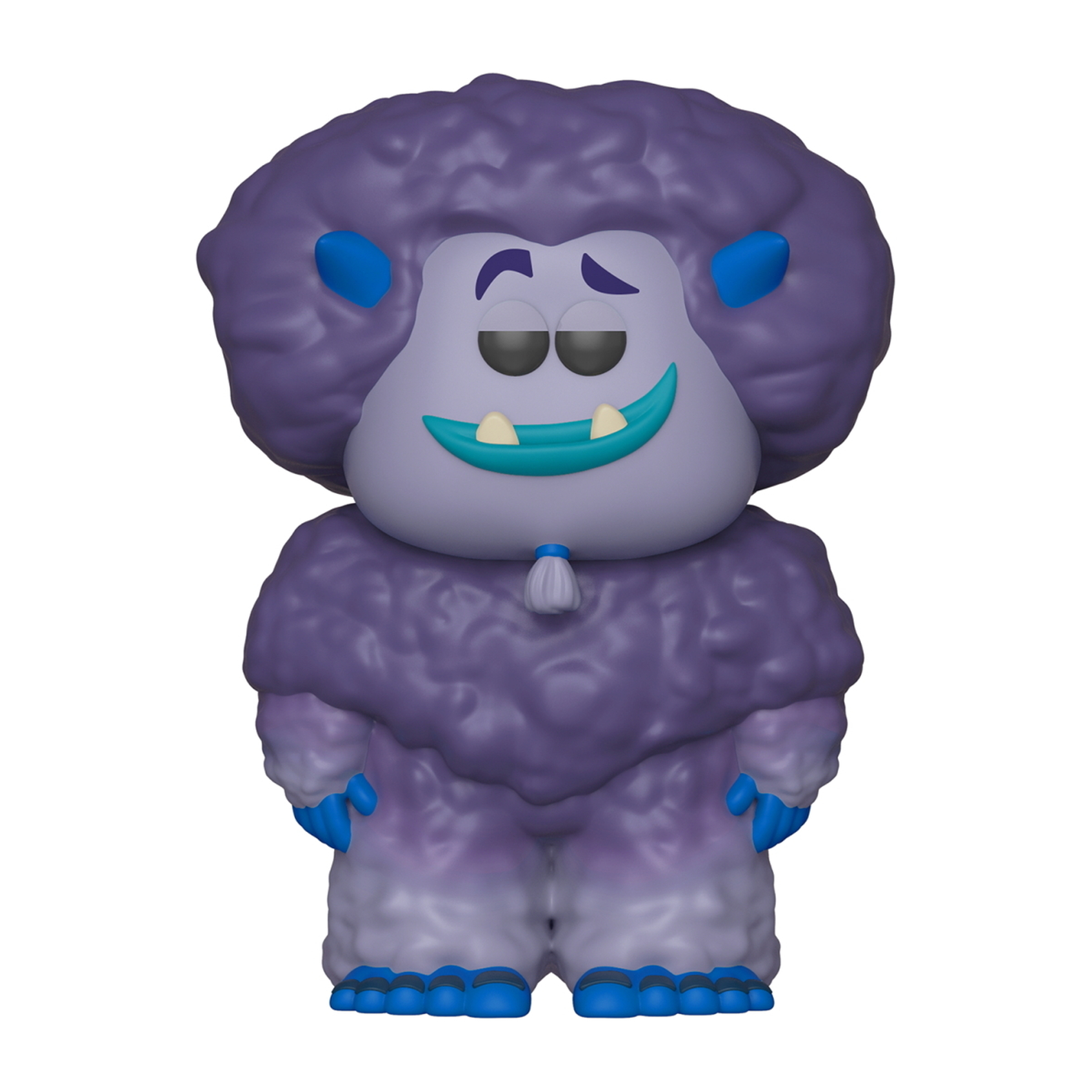 Una creatura viola con corpo peloso, occhi e orecchie blu e un sorriso.