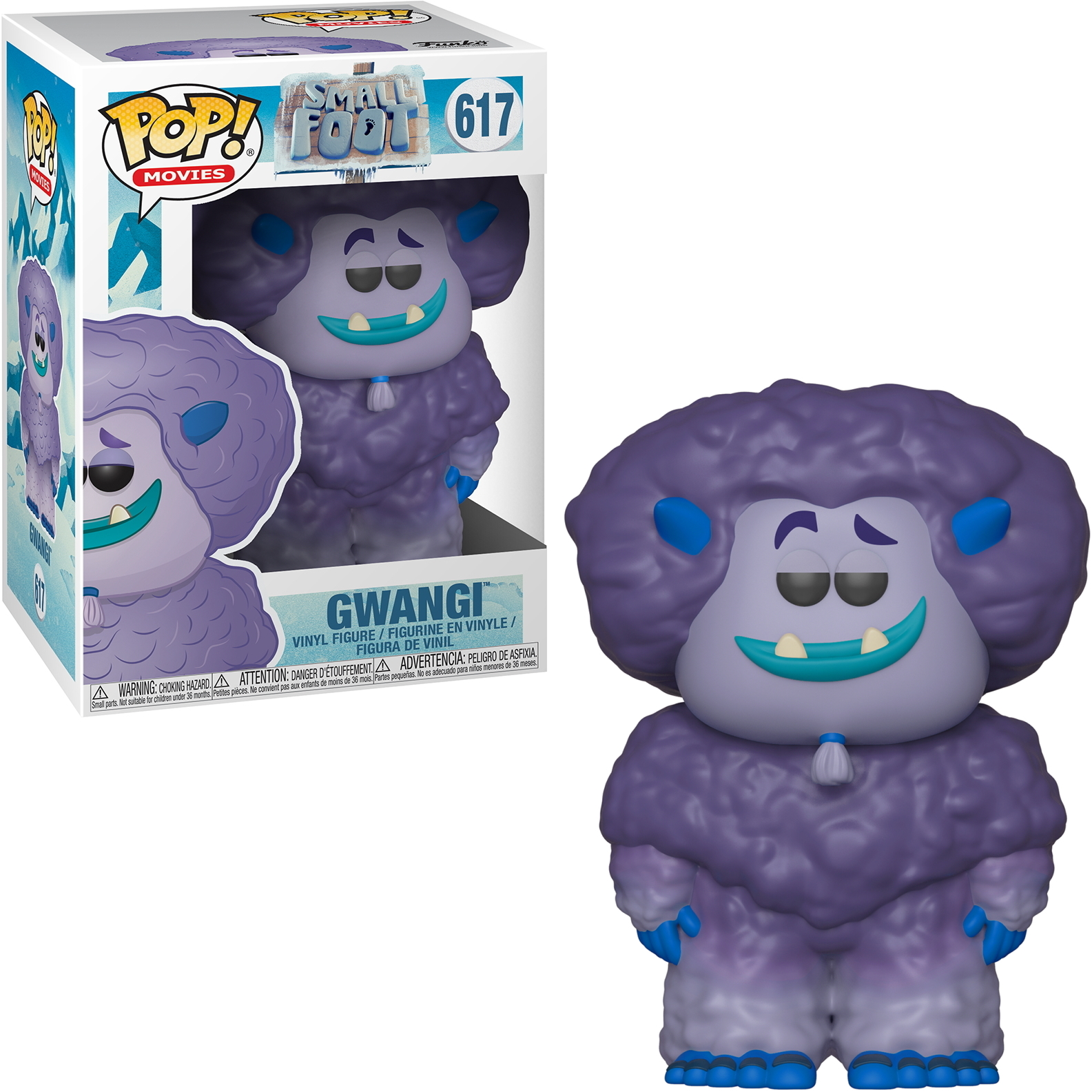 Gwangi di Smallfoot Funko Pop! figura. Pelliccia viola, dettagli blu e volto sorridente. Scatola inclusa.