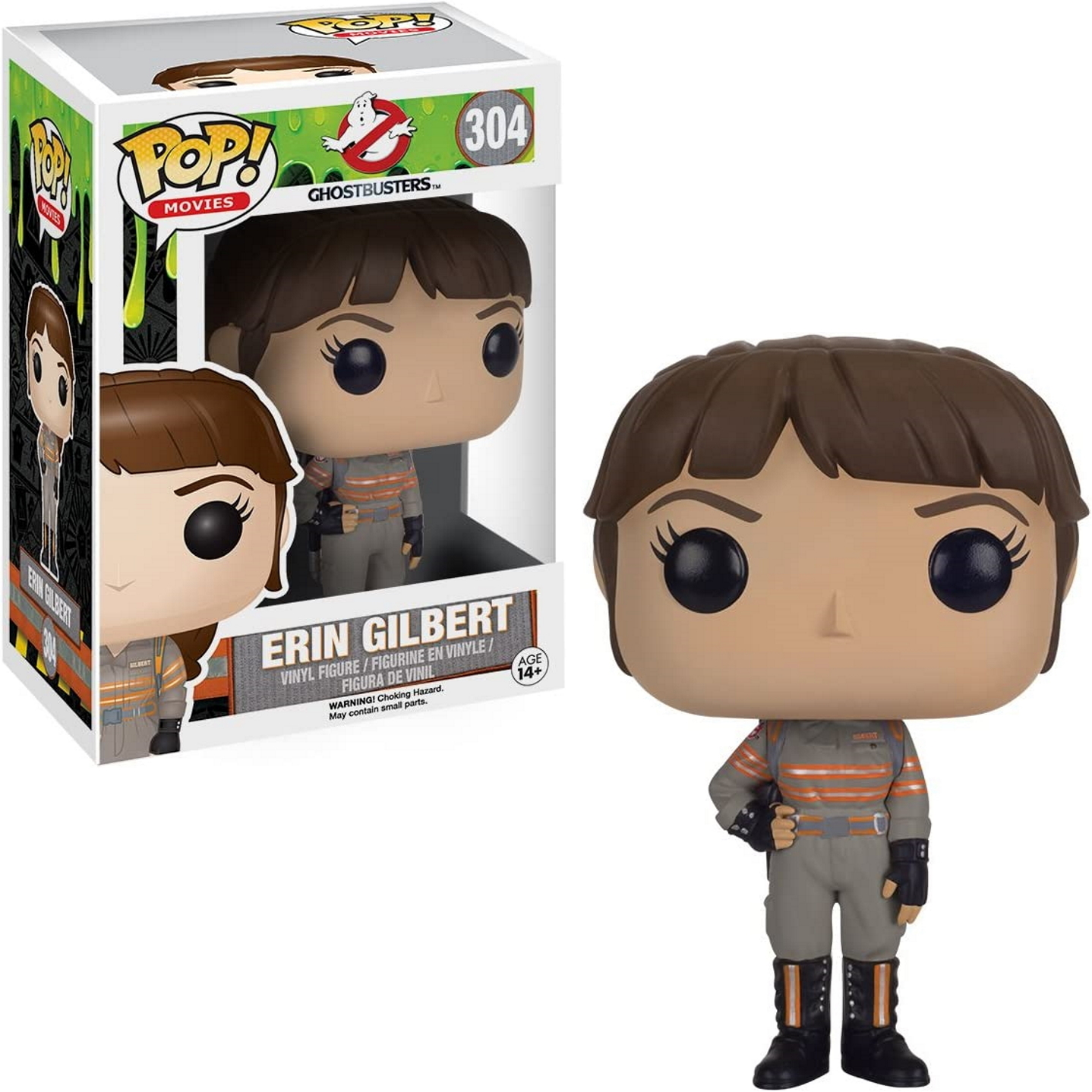 Erin Gilbert z Ghostbusters, figurka z brązowymi włosami i szarym mundurem. Trzyma urządzenie.