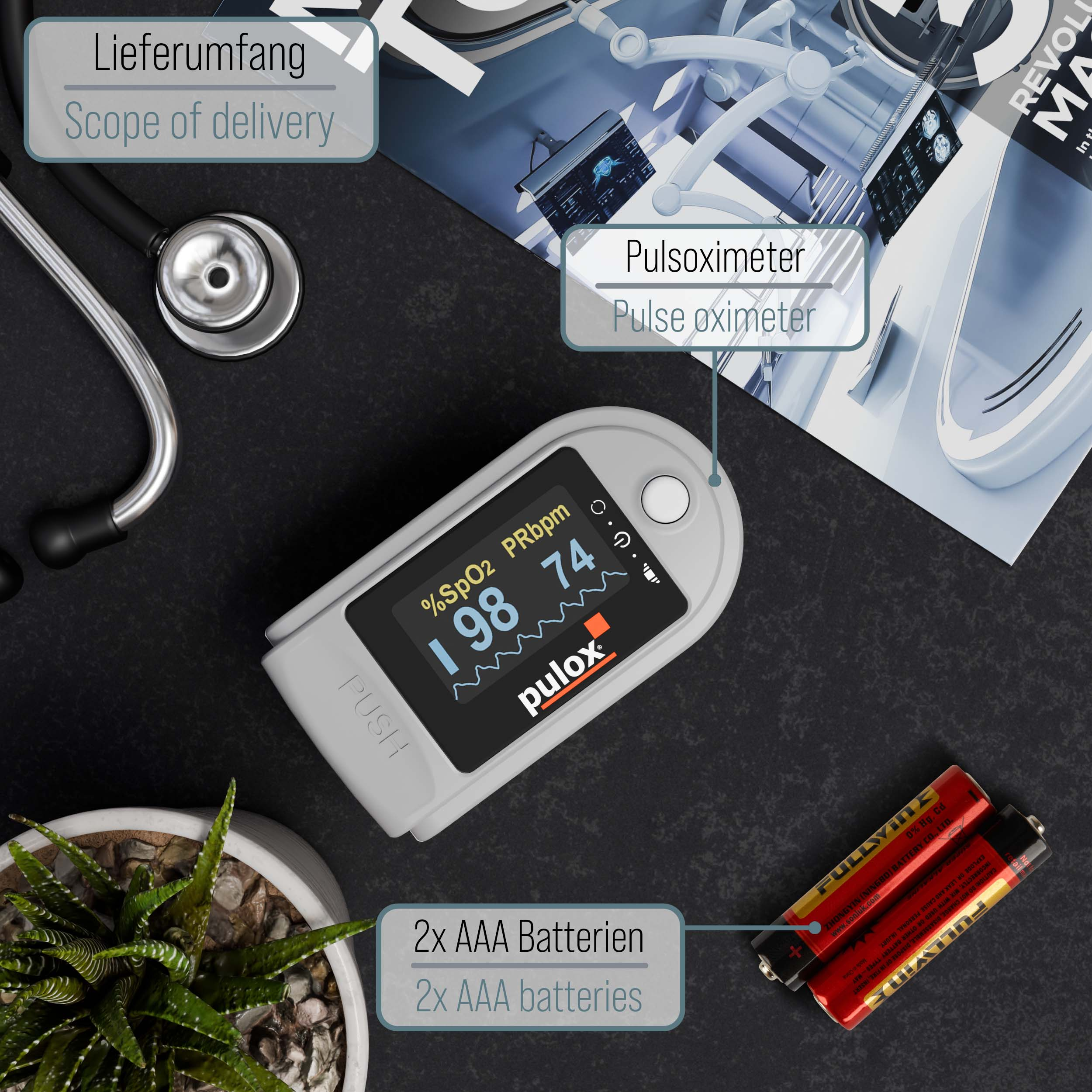 Schwarze Oberfläche mit einem Pulsoximeter, zwei AAA-Batterien, einem Stethoskop und einer kleinen Pflanze. Texte sind auf dem Bild.