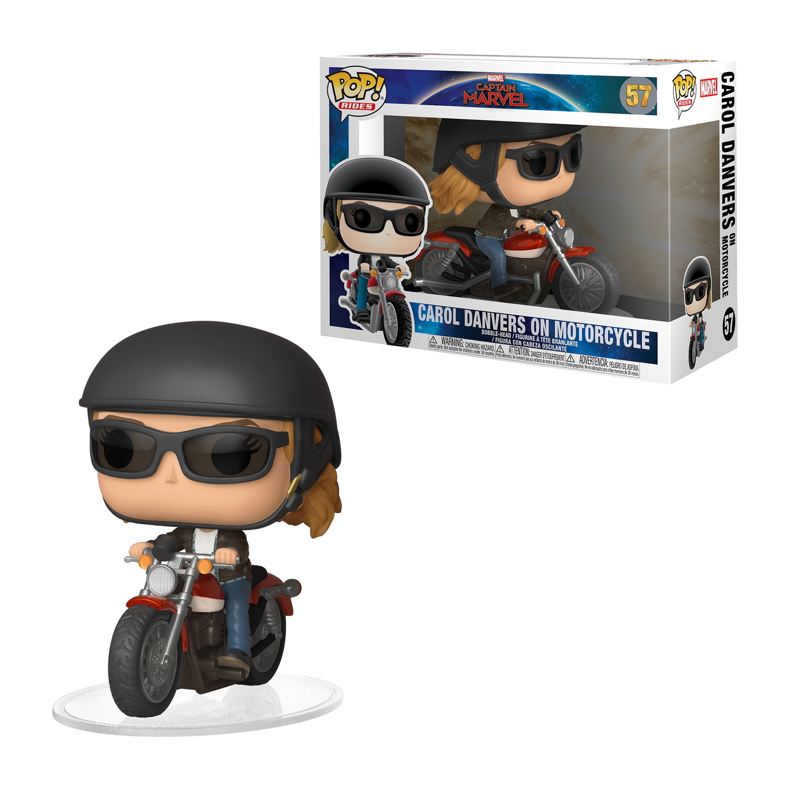 Carol Danvers auf einem Motorradfigur in einer Box. Figur trägt einen schwarzen Helm und Sonnenbrille.