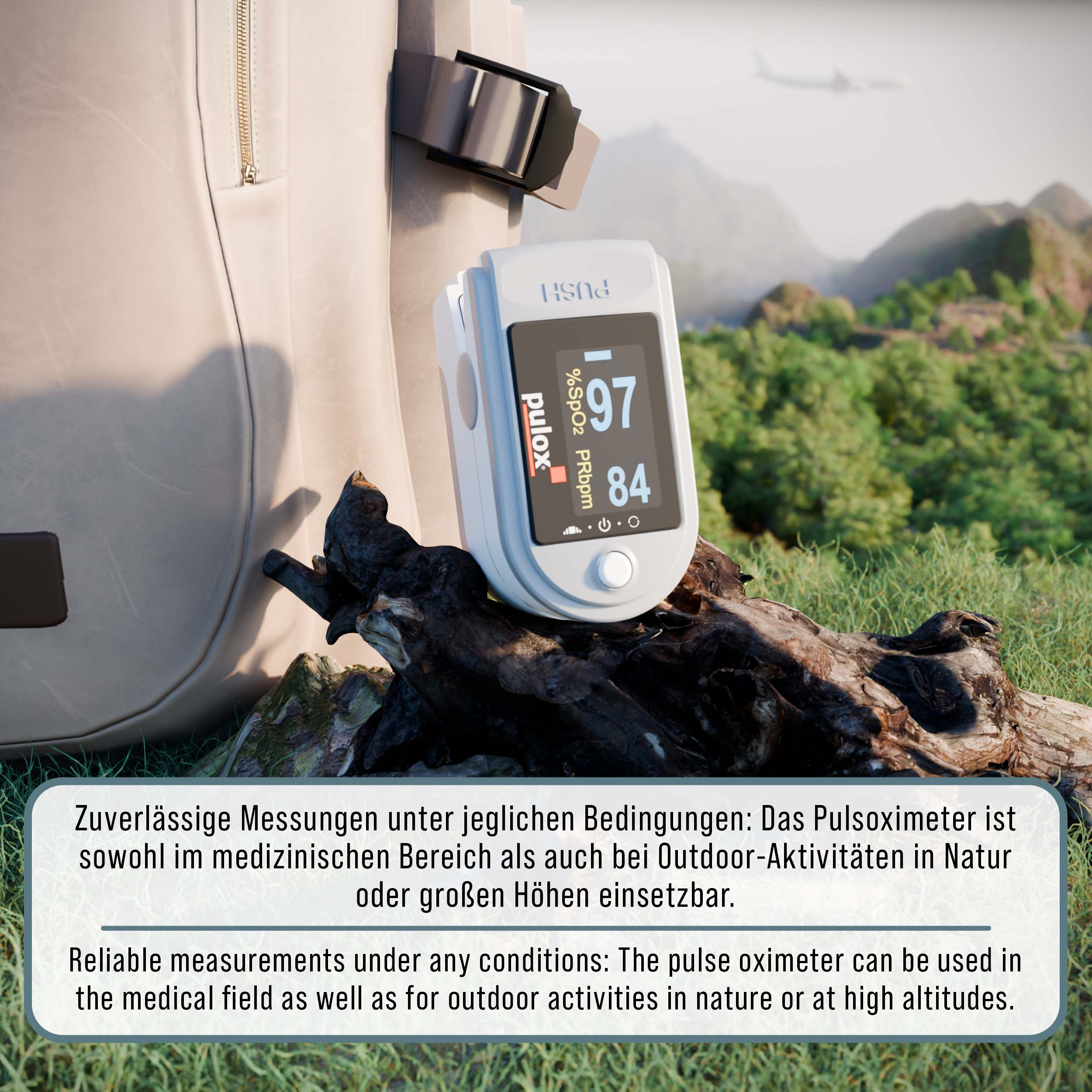 Pulsoximeter auf einem Holzscheit mit Rucksack im Hintergrund, zeigt Messwerte.