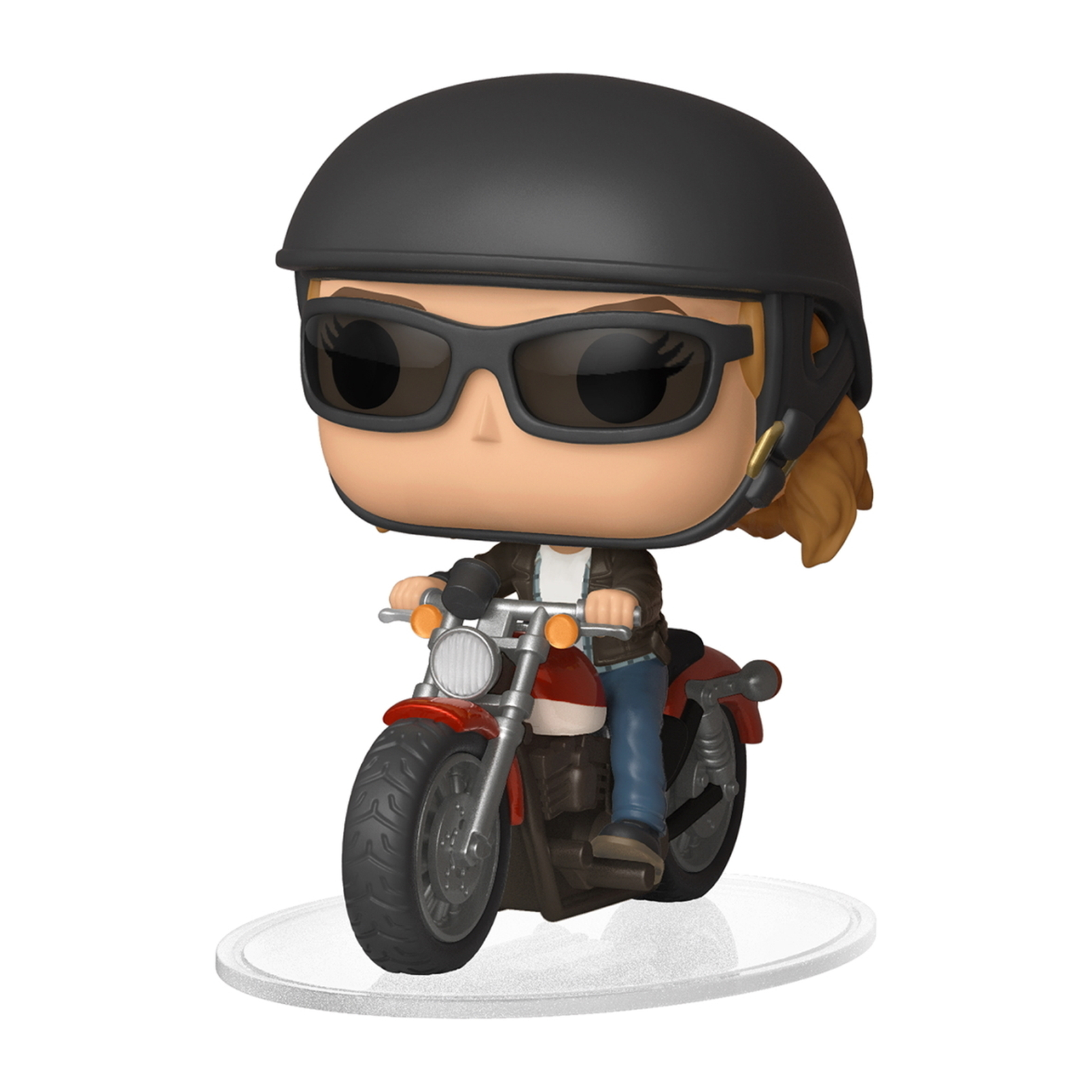 Funko Pop Figur einer Frau auf einem roten Motorrad, mit Helm und Sonnenbrille.