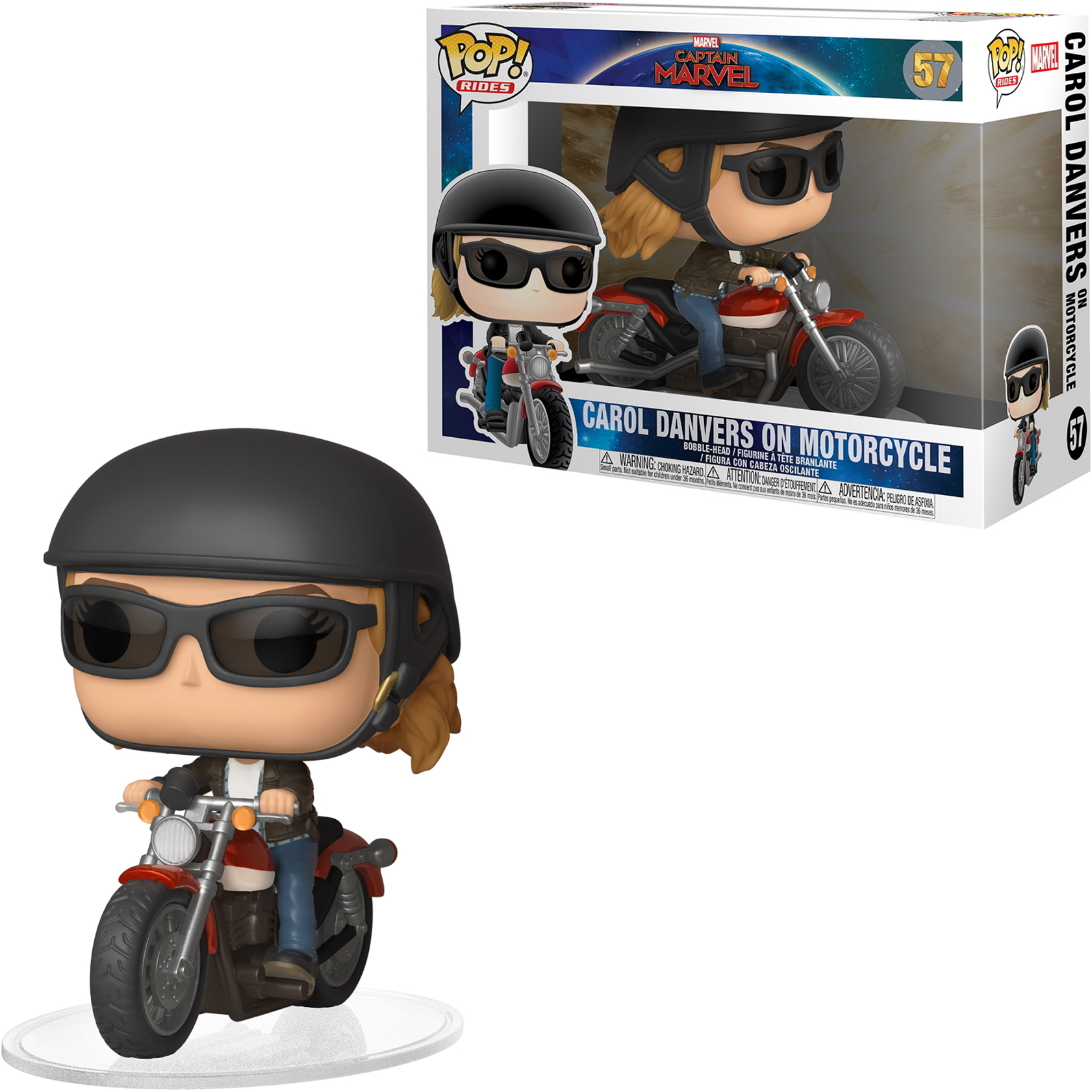 Funko Pop-Figur von Carol Danvers auf einem roten Motorrad. Sie trägt einen schwarzen Helm und eine Sonnenbrille.