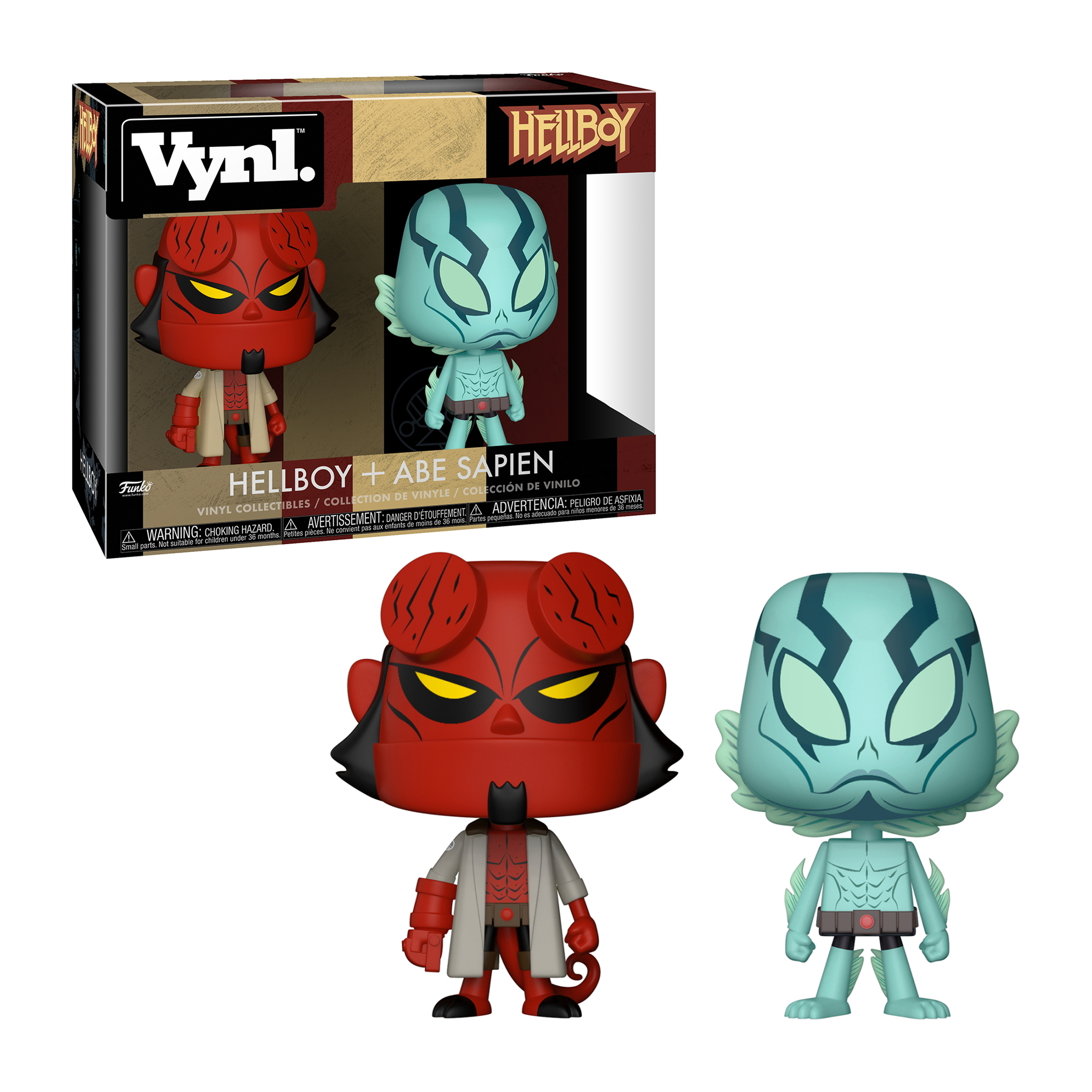 Hellboy und Abe Sapien Funko Pop Figuren. Hellboy ist rot, Abe hellblau. Beide Figuren in einer Box.
