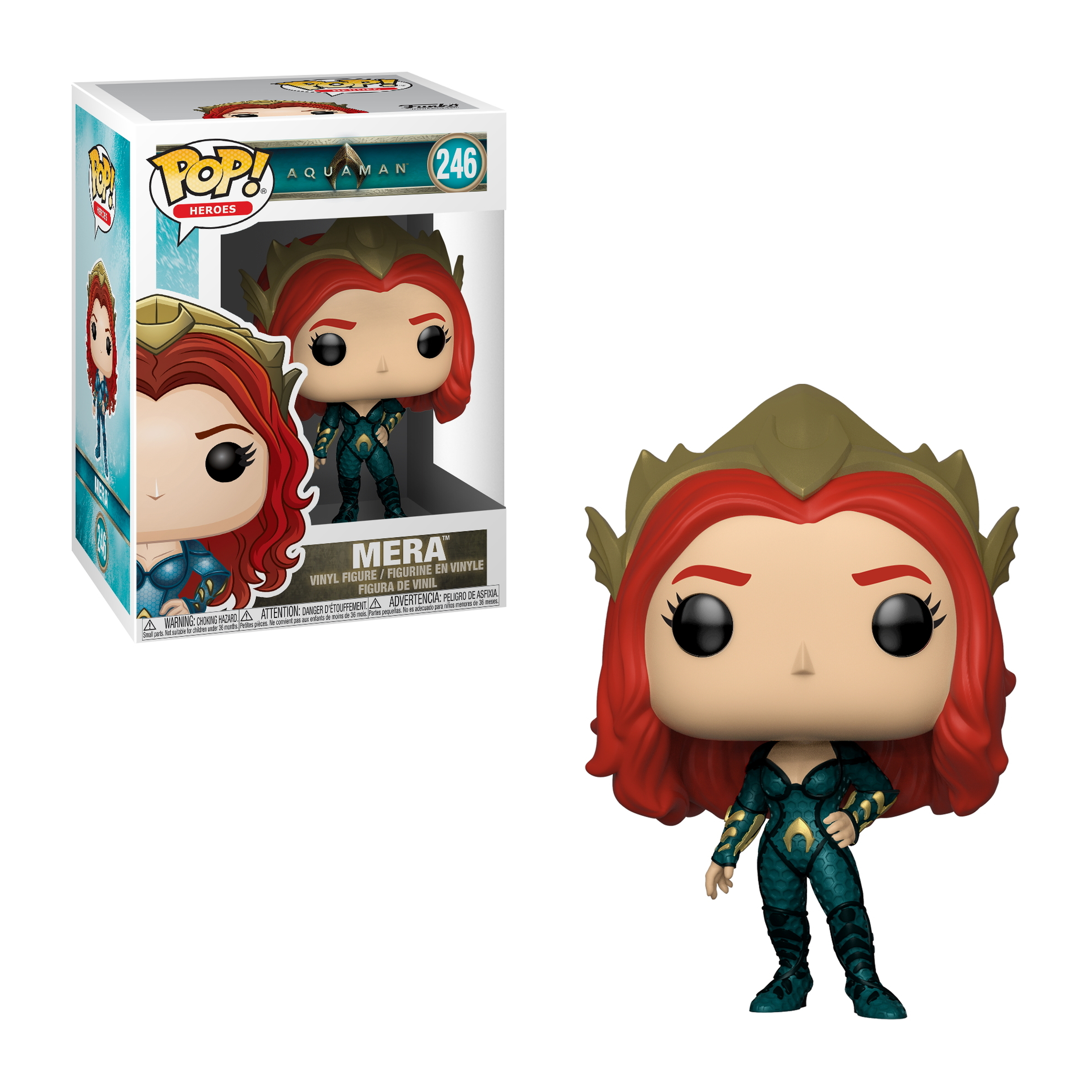 Mera Funko Pop Figur aus Aquaman, in grün-goldener Rüstung, mit roten Haaren, auf weißem Hintergrund.