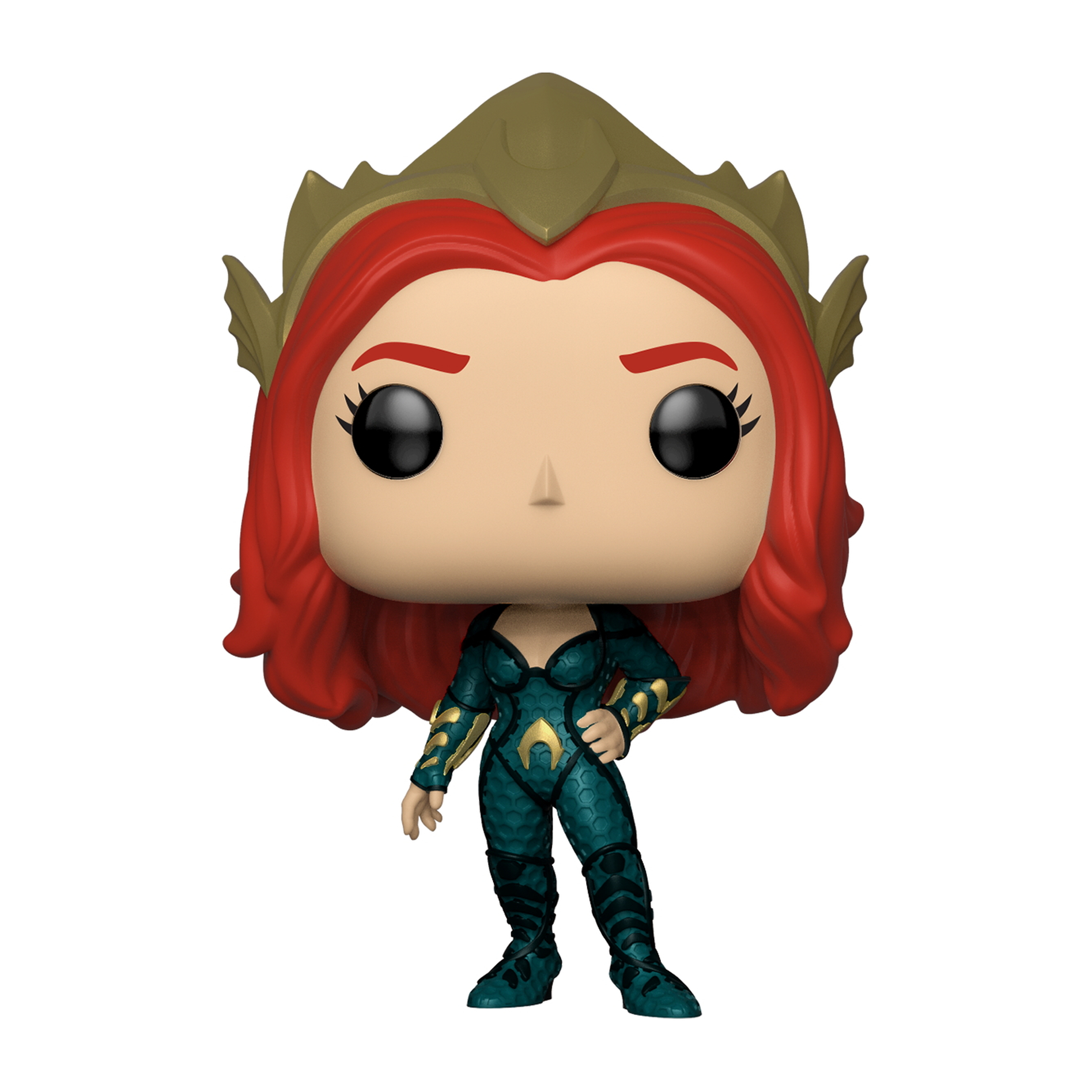 Funko Pop Figur einer Frau mit roten Haaren und einem grünen Outfit, in einer heldenhaften Pose.