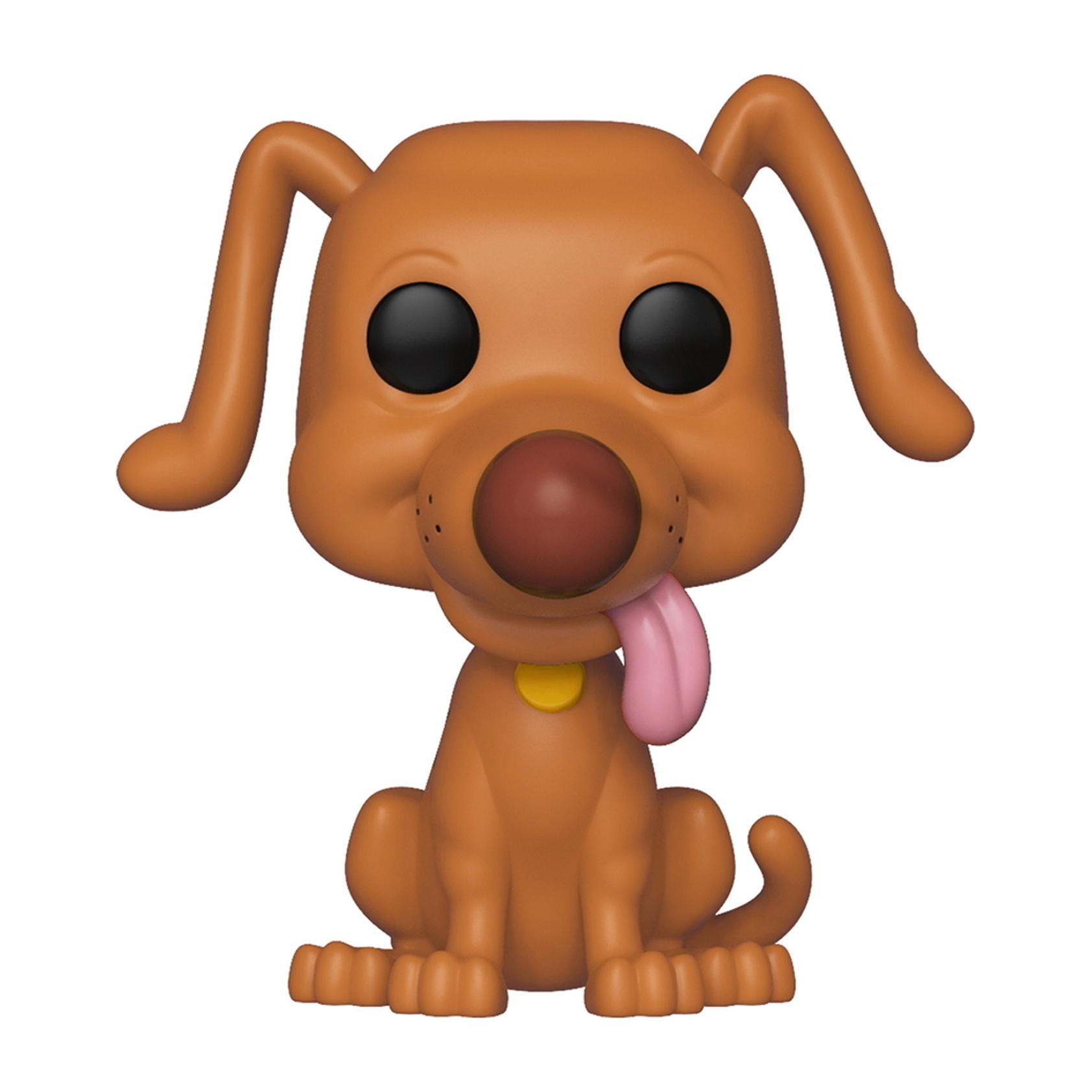 Braune Hund Pop Figur. Sitzend, rosa Zunge, gelbes Halsband.