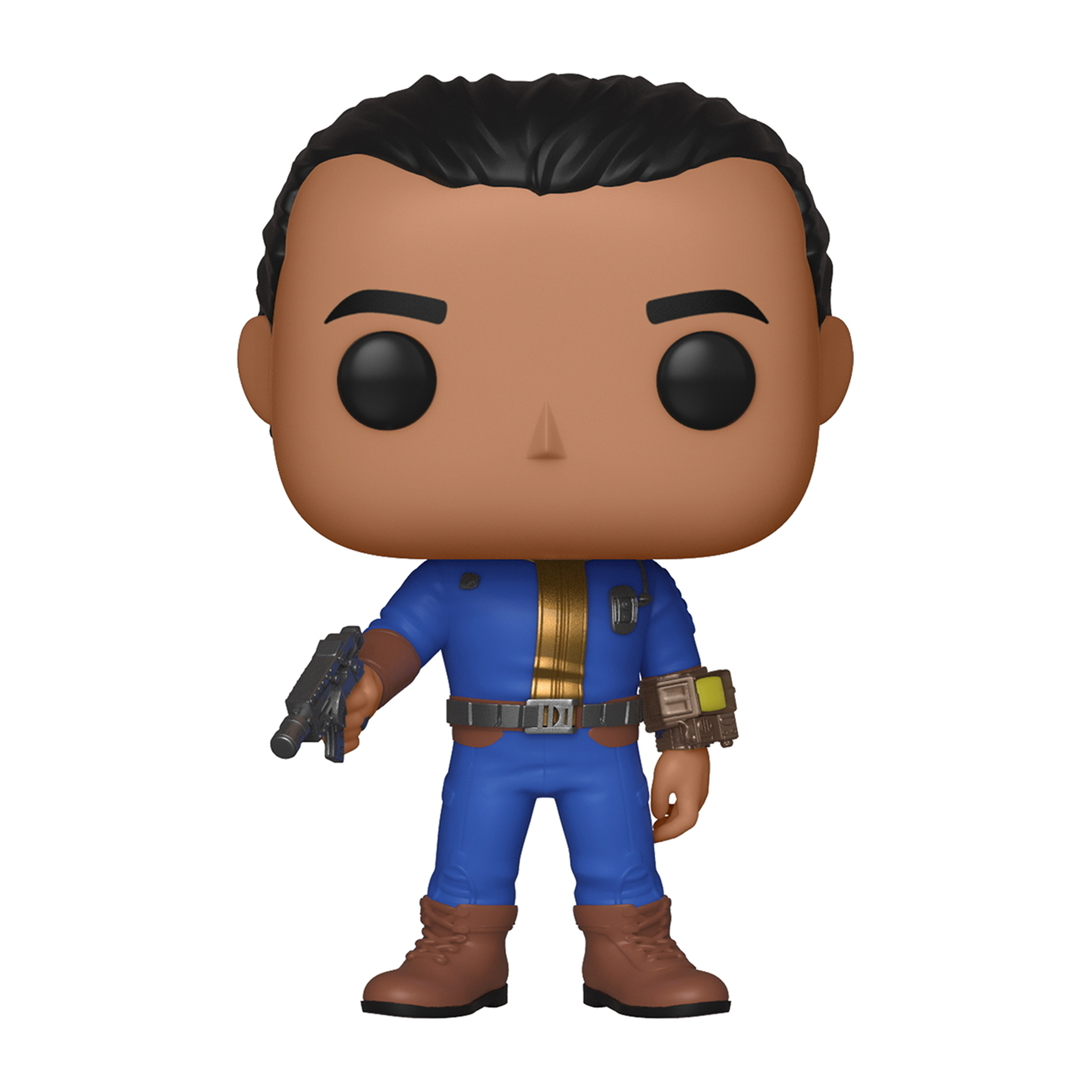 Figurka Funko Pop mężczyzny w niebieskim kombinezonie, czarnych włosach i oczach, trzymającego broń.