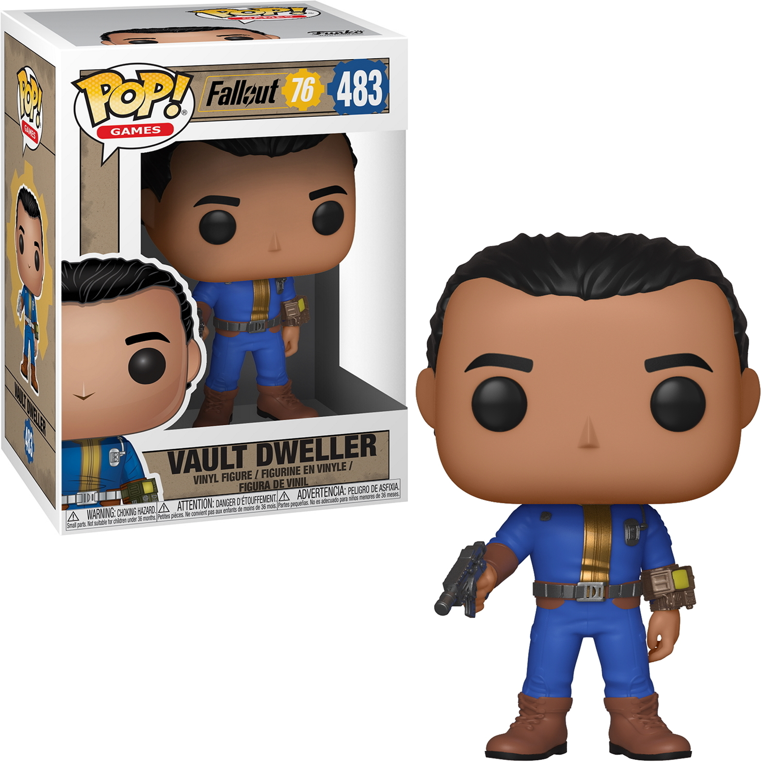 Figurka Vault Dweller Funko Pop z Fallout 76, niebieski kombinezon, z bronią.