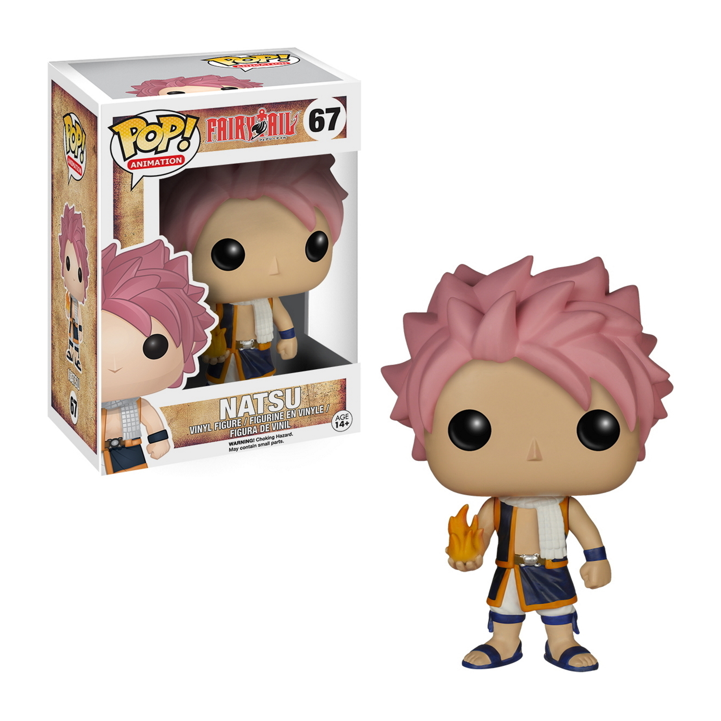 Natsu Funko Pop Figur mit rosa, stacheligem Haar und einer Flamme in der Hand, mit einer Box im Hintergrund.