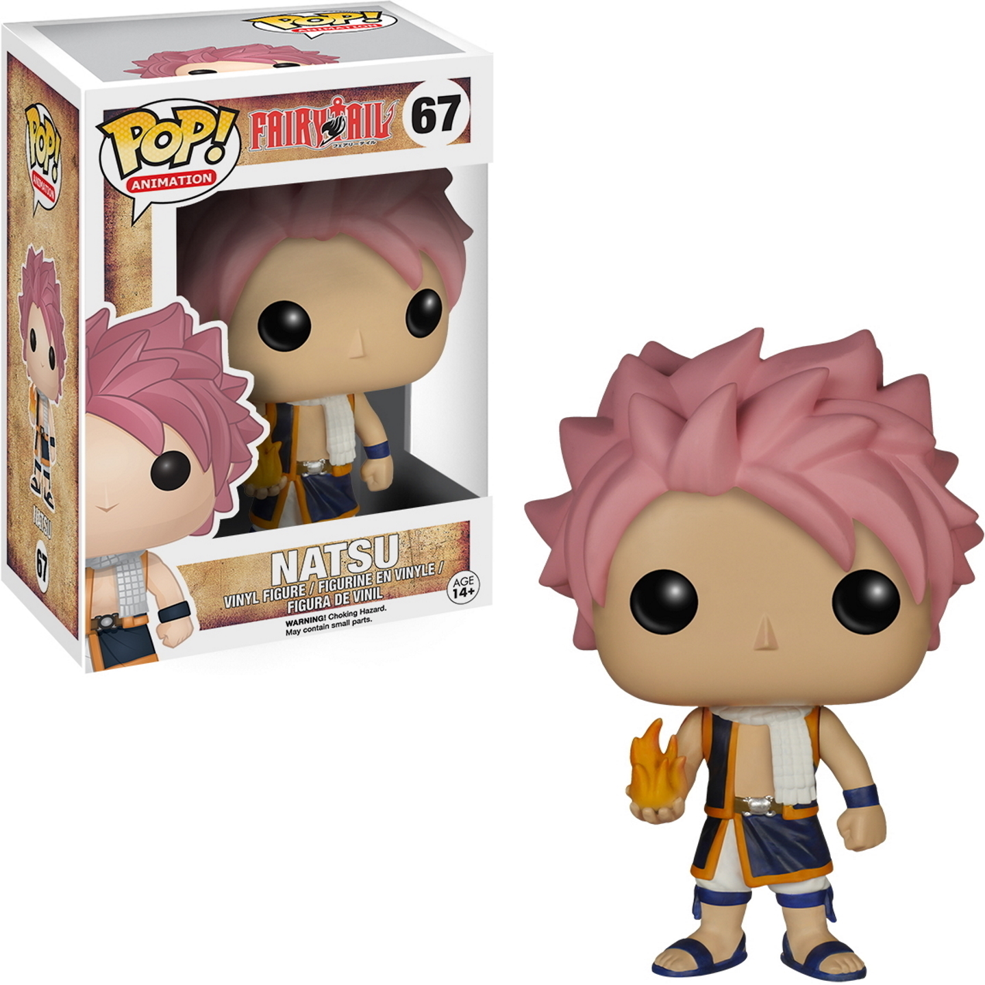 Natsu Funko Pop Figur mit pinken Haaren, hält Feuer in der Hand. Die Box mit der Figur wird ebenfalls gezeigt.