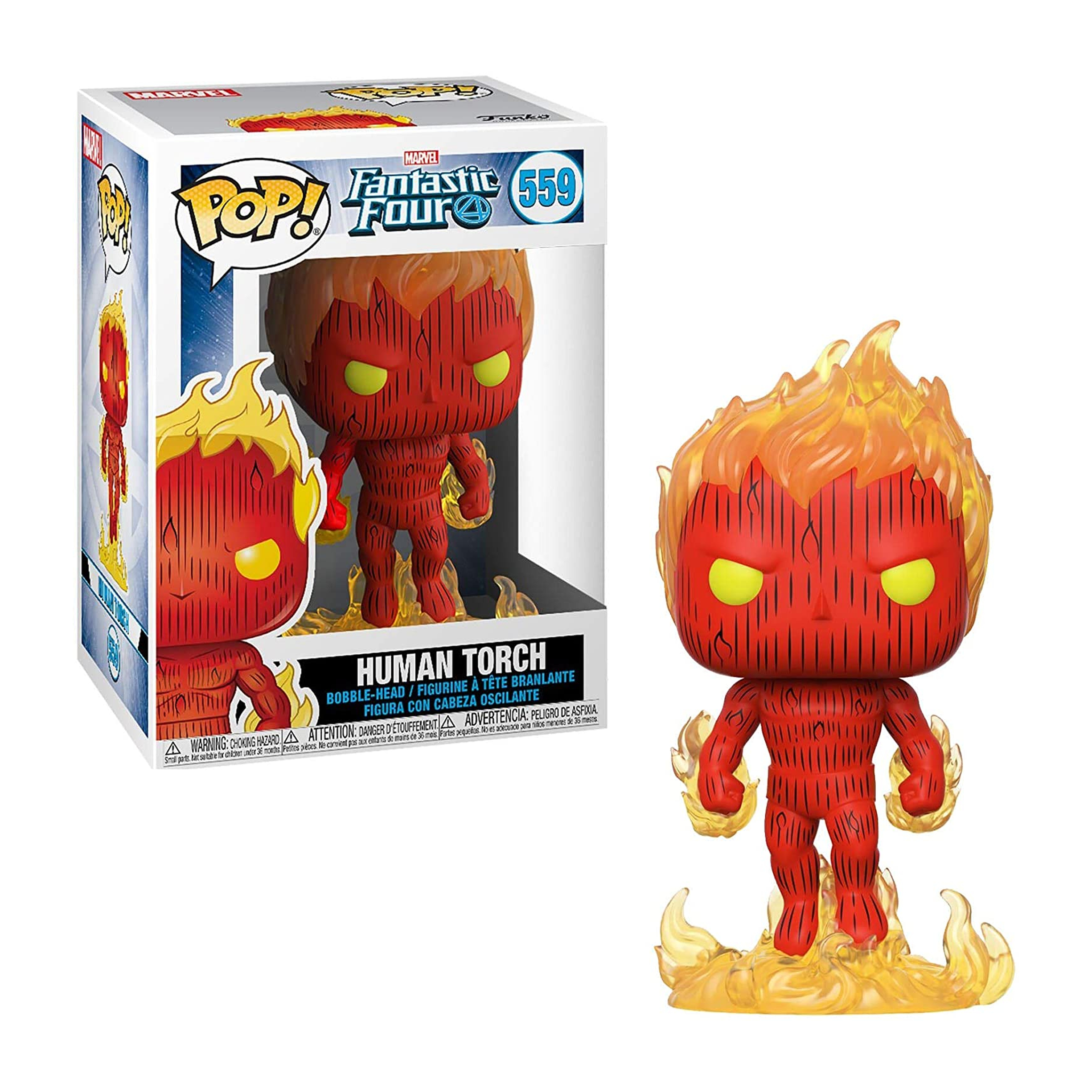 Figurka Human Torch Funko Pop. Czerwone ciało z płomieniami, żółte płomienie wokół stóp.