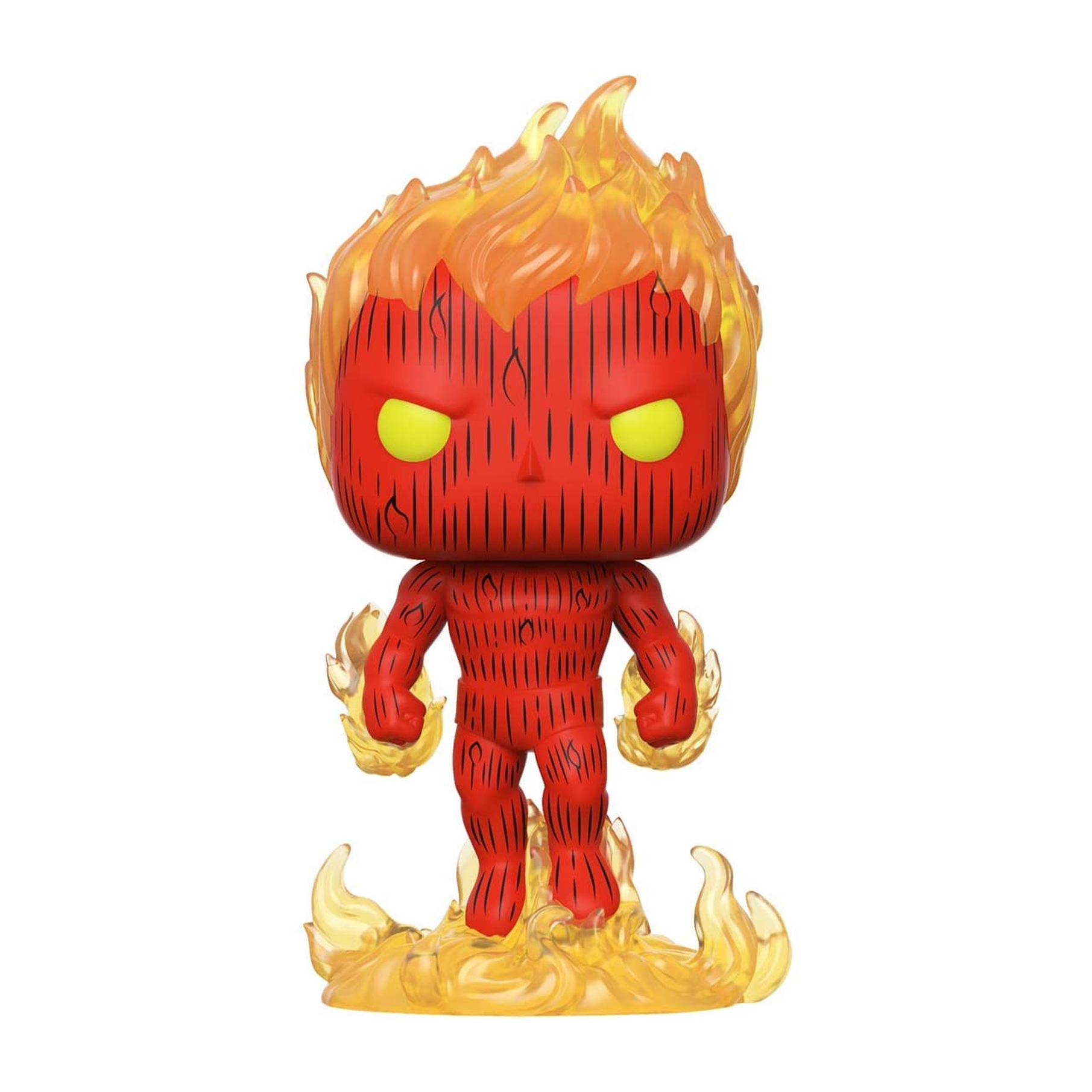 Figurka Human Torch w płomieniach z czerwonym ciałem i żółtymi oczami. Figurka płonie.