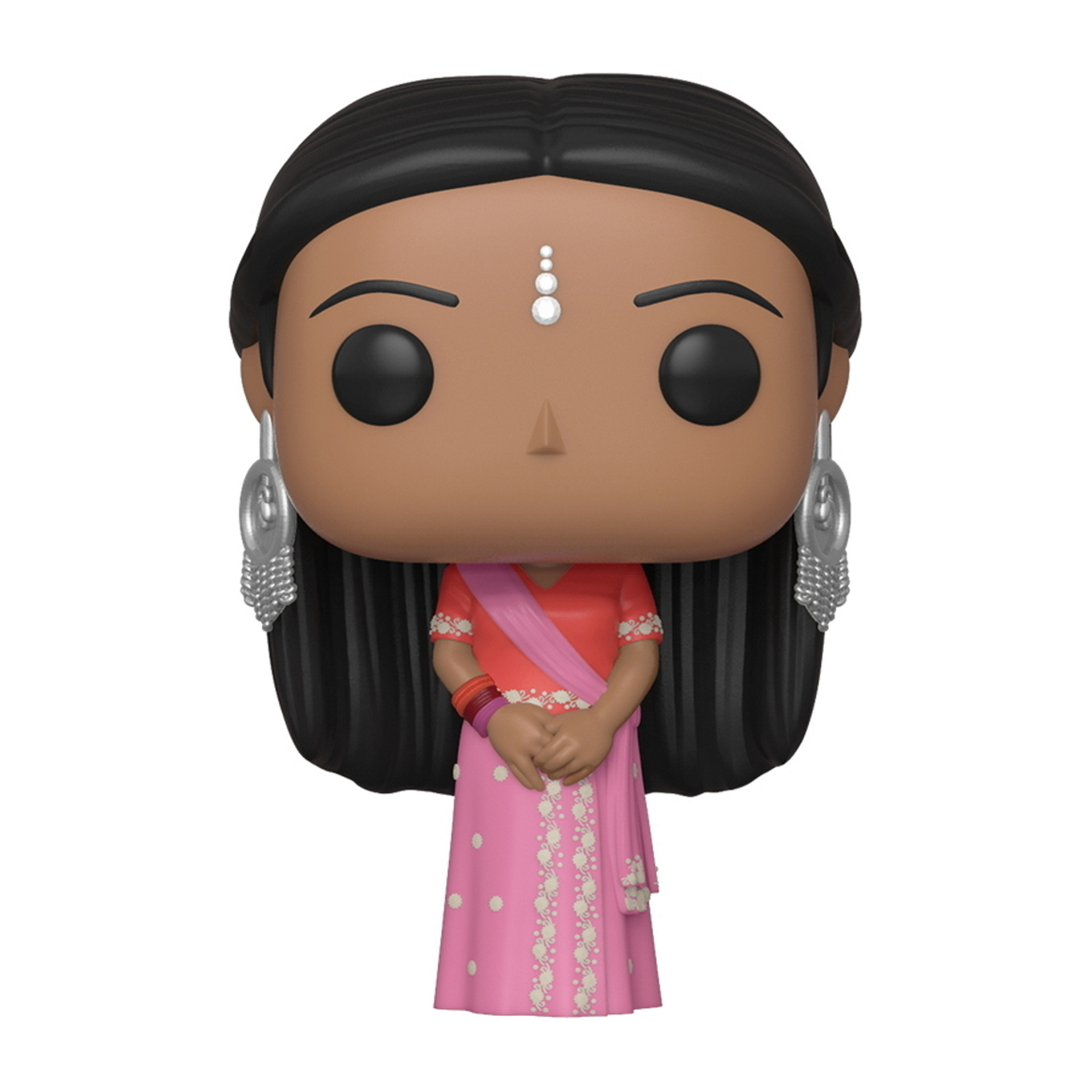 Eine Funko Pop-Figur einer dunkelhäutigen Frau in einem rosa-orangenen Sari mit silbernen Ohrringen.