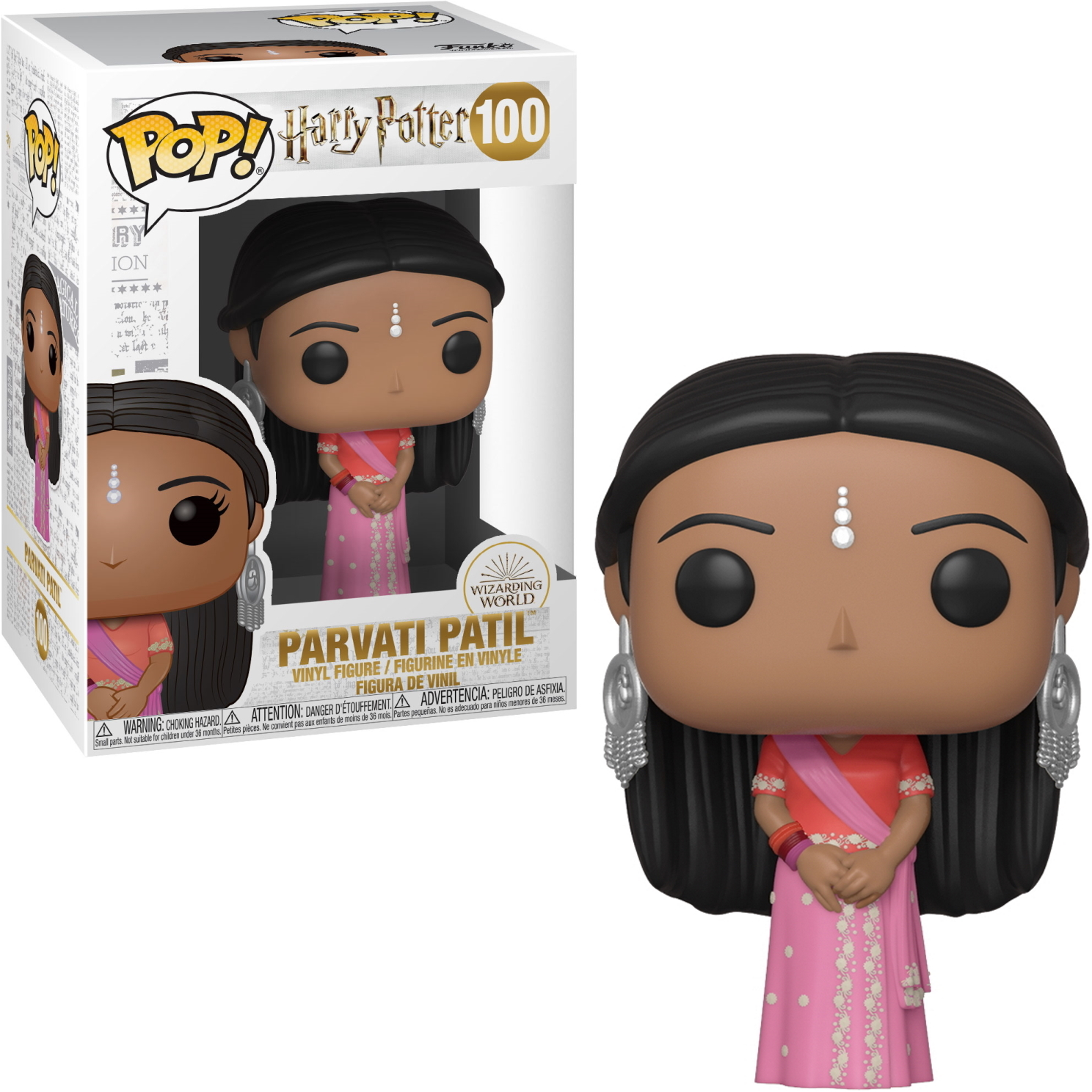Parvati Patil aus Harry Potter, in einem pinkfarbenen Sari, mit silbernen Ohrringen und einer Box.