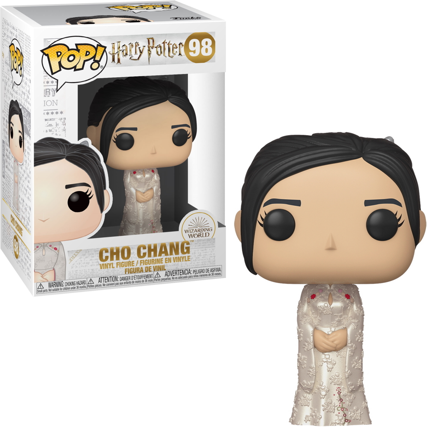 Cho Chang Funko Pop Figur. Weißes Kleid mit floralen Details. Schwarzes Haar, helle Haut.