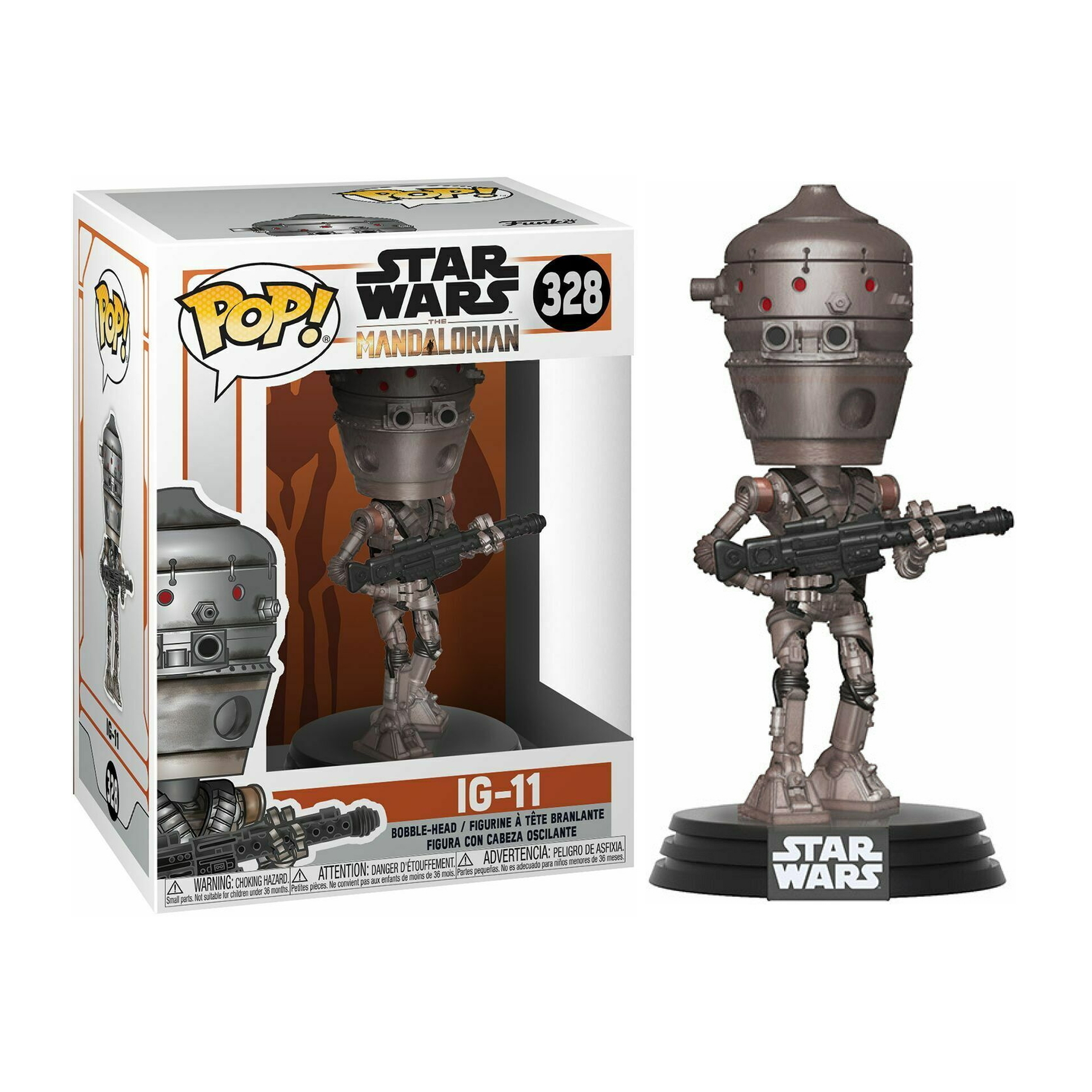 IG-11 Mandalorian Pop Figur, metallisch, hält eine Waffe, auf schwarzer Basis.