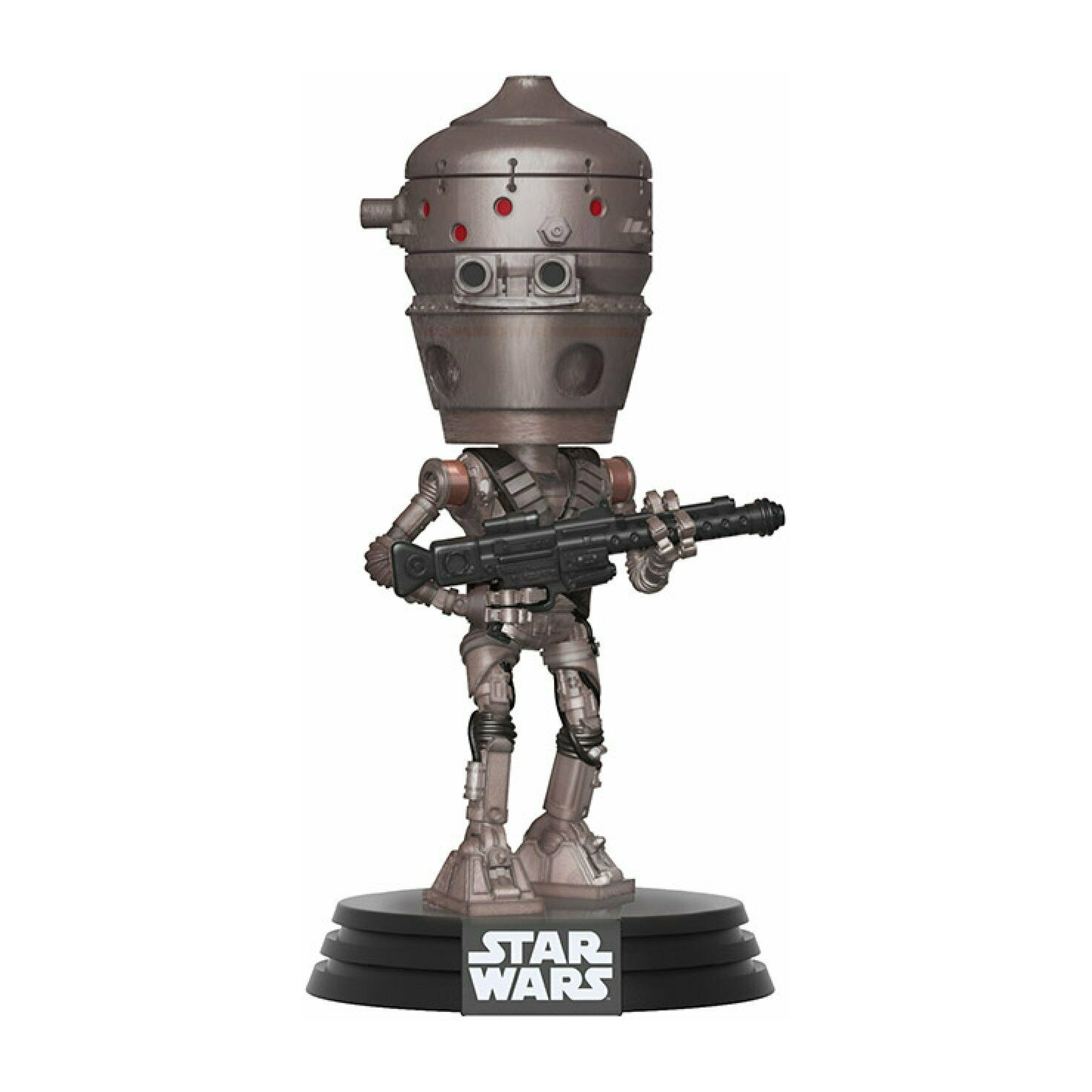 IG-11 Funko Pop-Figur mit Blaster, in einer Box. Metallischer Körper, steht auf einem Sockel.