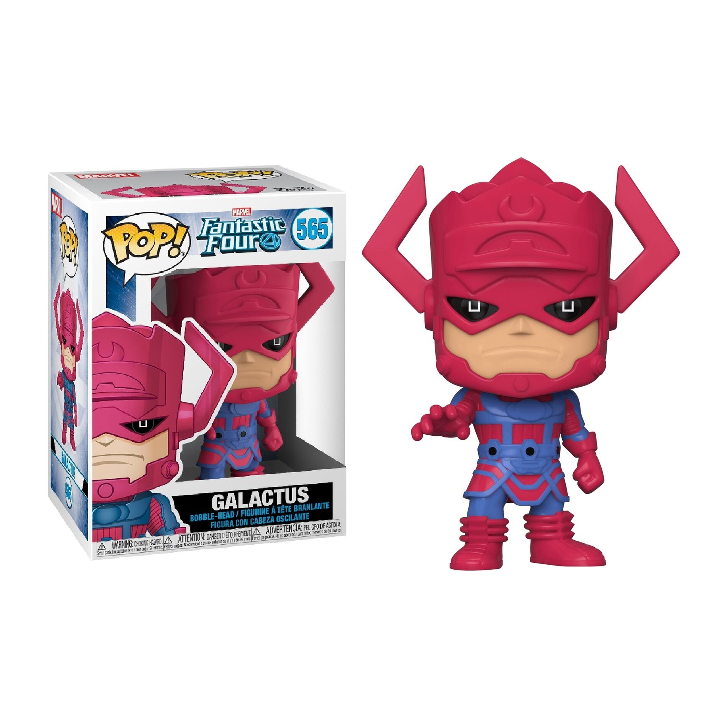 Una figura rossa di Galactus con una scatola, che indossa un'armatura rossa e blu, e una testa con una corona.