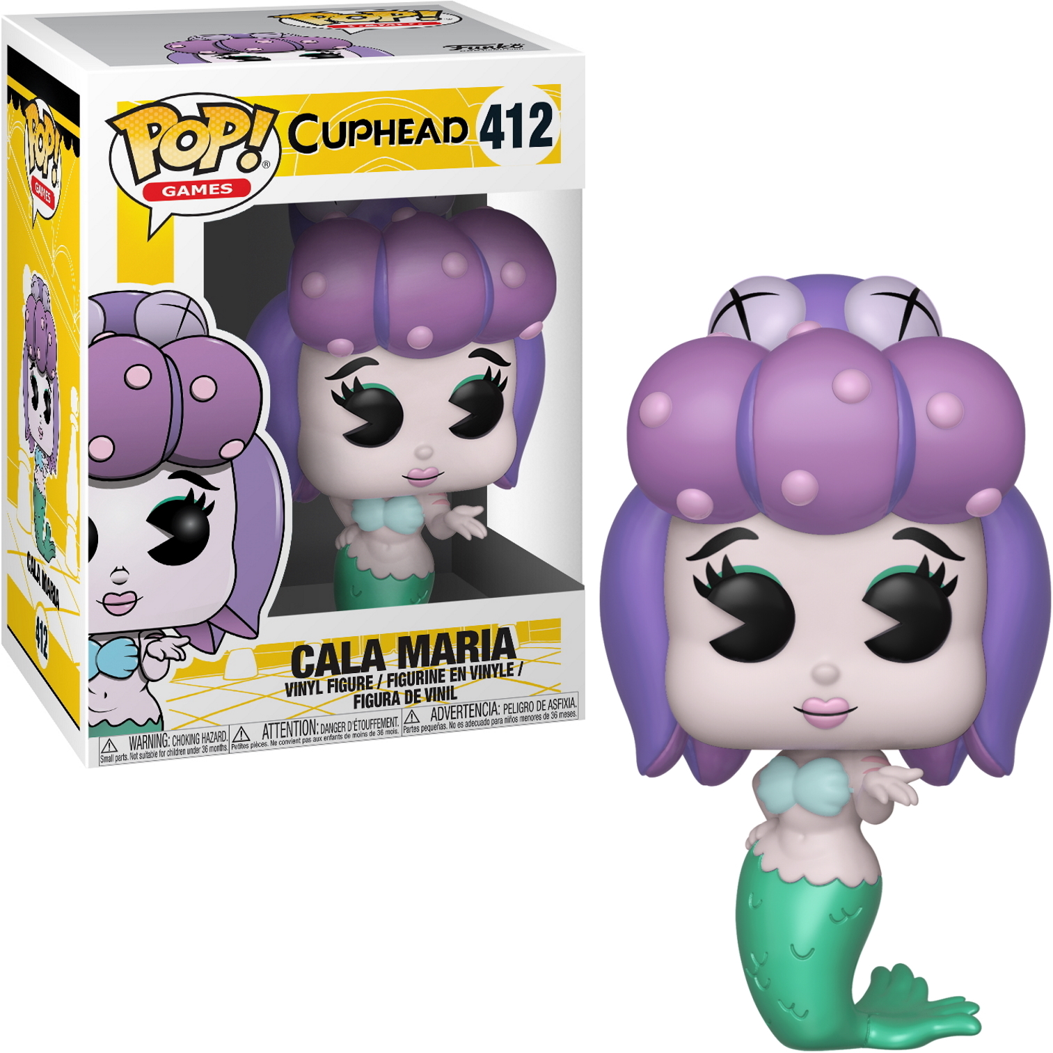 Cala Maria Funko Pop Figur mit Box. Es ist eine lilahaarige Meerjungfrau mit einem grünen Schwanz.