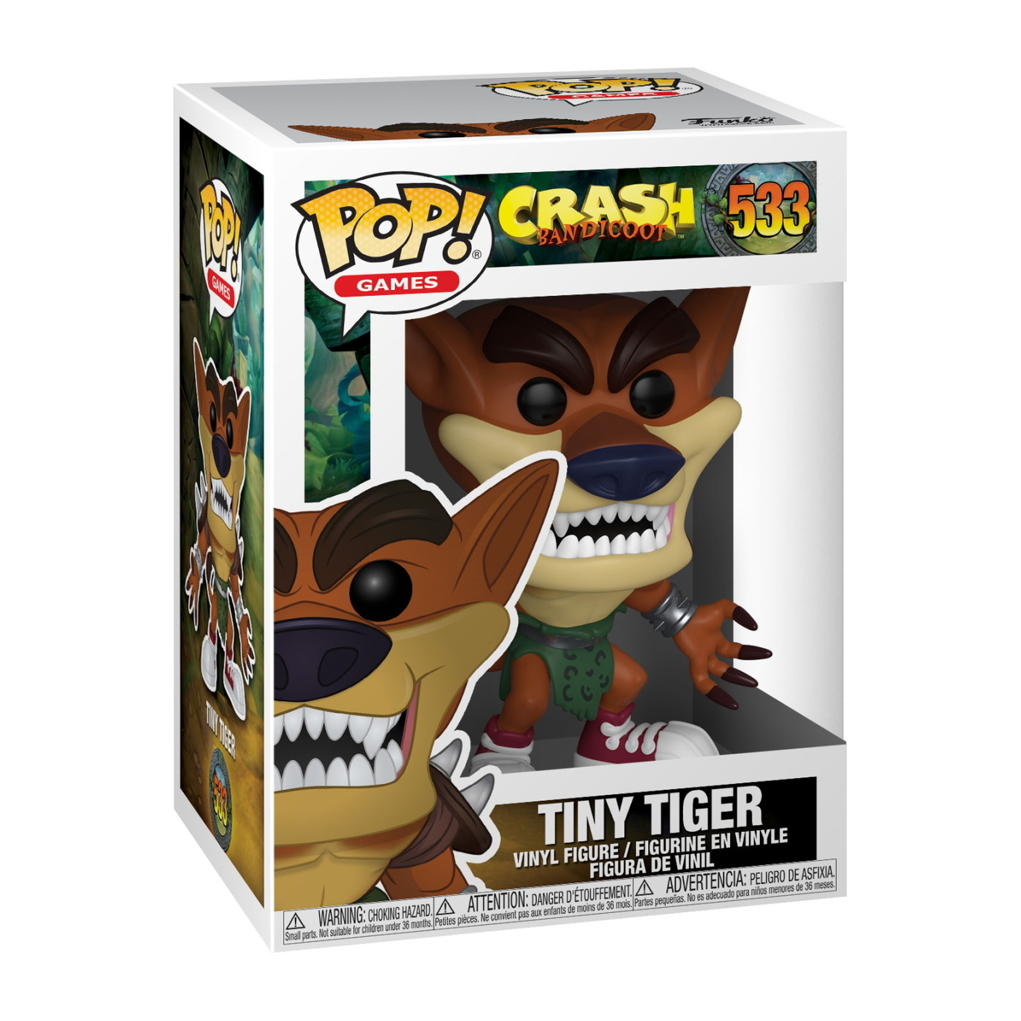 Funko Pop di Tiny Tiger, il personaggio di Crash Bandicoot, in un completo verde e scarpe rosse.