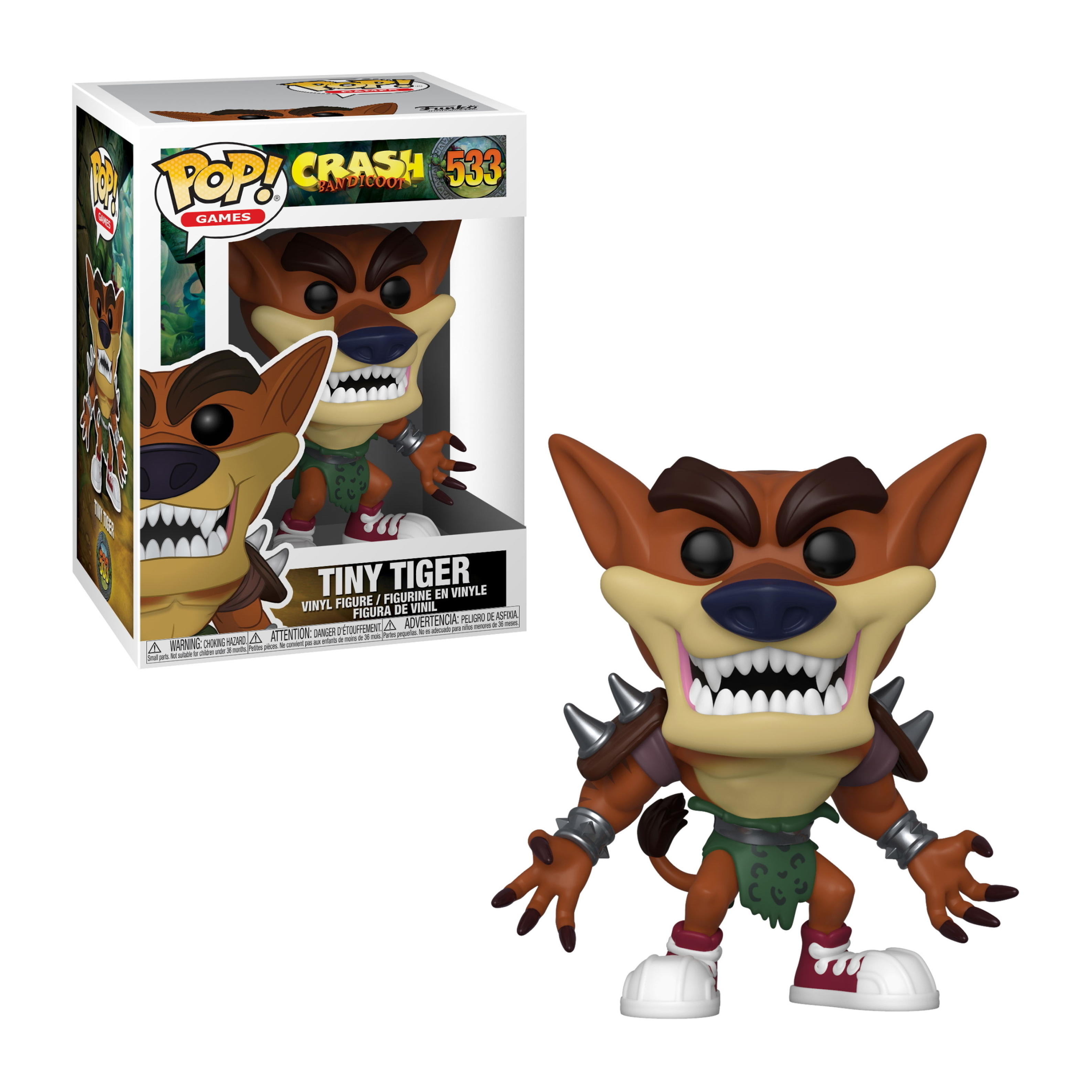 Figura di Tiny Tiger di Crash Bandicoot in una scatola.