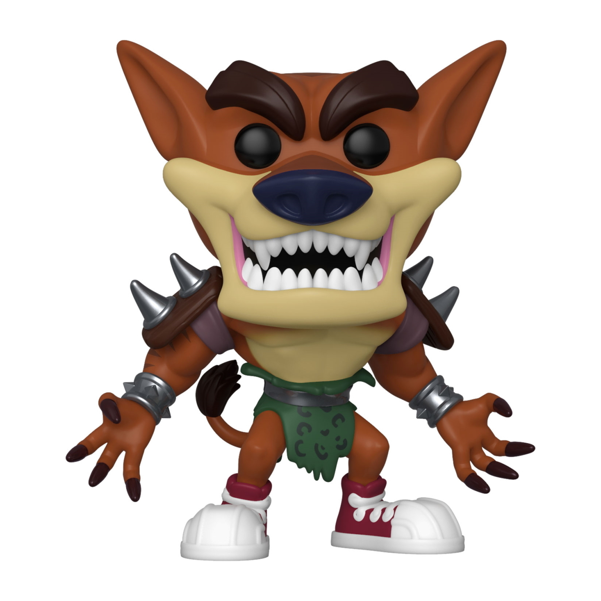 Figura di Crash Bandicoot, pelliccia arancione, spalline con punte. Figura in scatola.