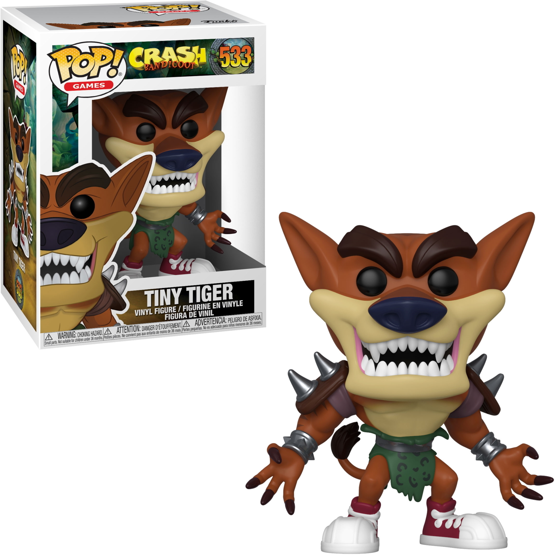 Figura Tiny Tiger Funko Pop con scatola. La figura è una tigre dei cartoni animati con un'armatura a punte.