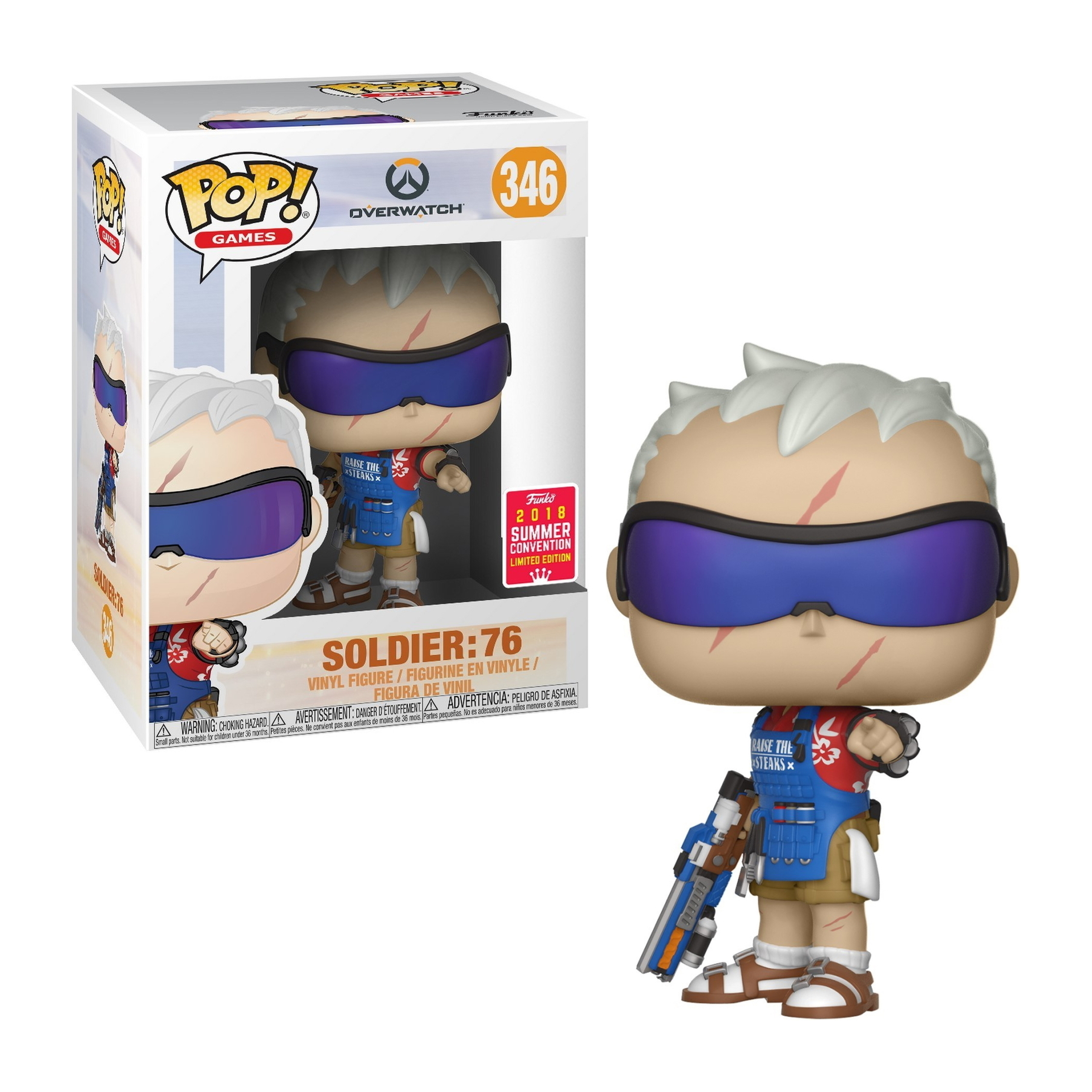Soldier: 76 Figur mit blauem Visier, Narben und einer Waffe.