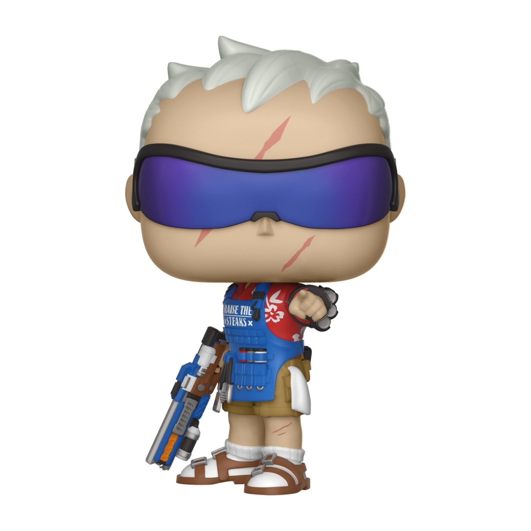 Soldier 76 Funko Pop Figur. Weißhaariger Mann in blauer und roter Ausrüstung mit einer Waffe. Er hat eine Brille.