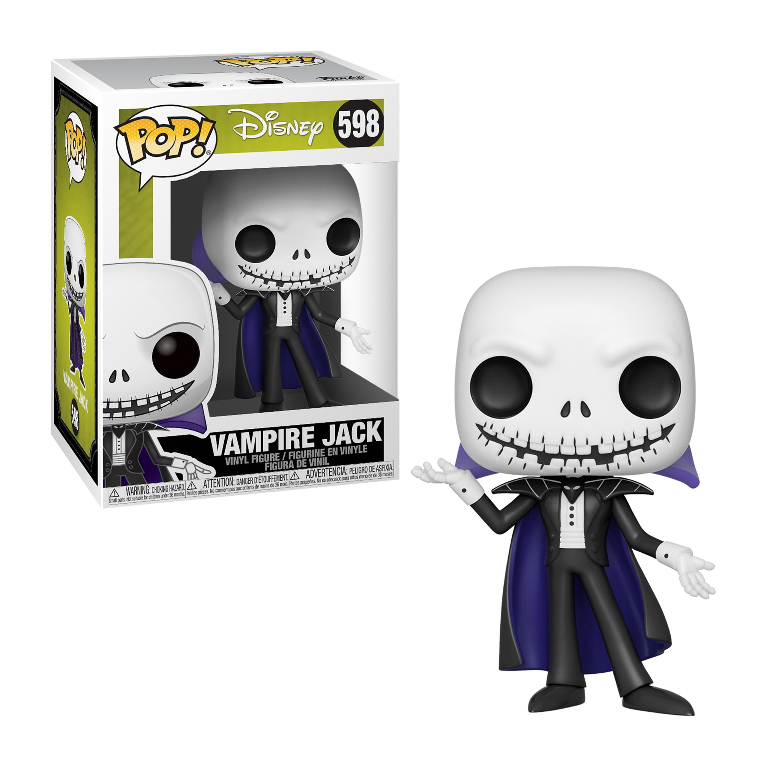 Vampire Jack Funko Pop, faccia a teschio bianco, abito nero, mantello viola. Versione in scatola a sinistra.