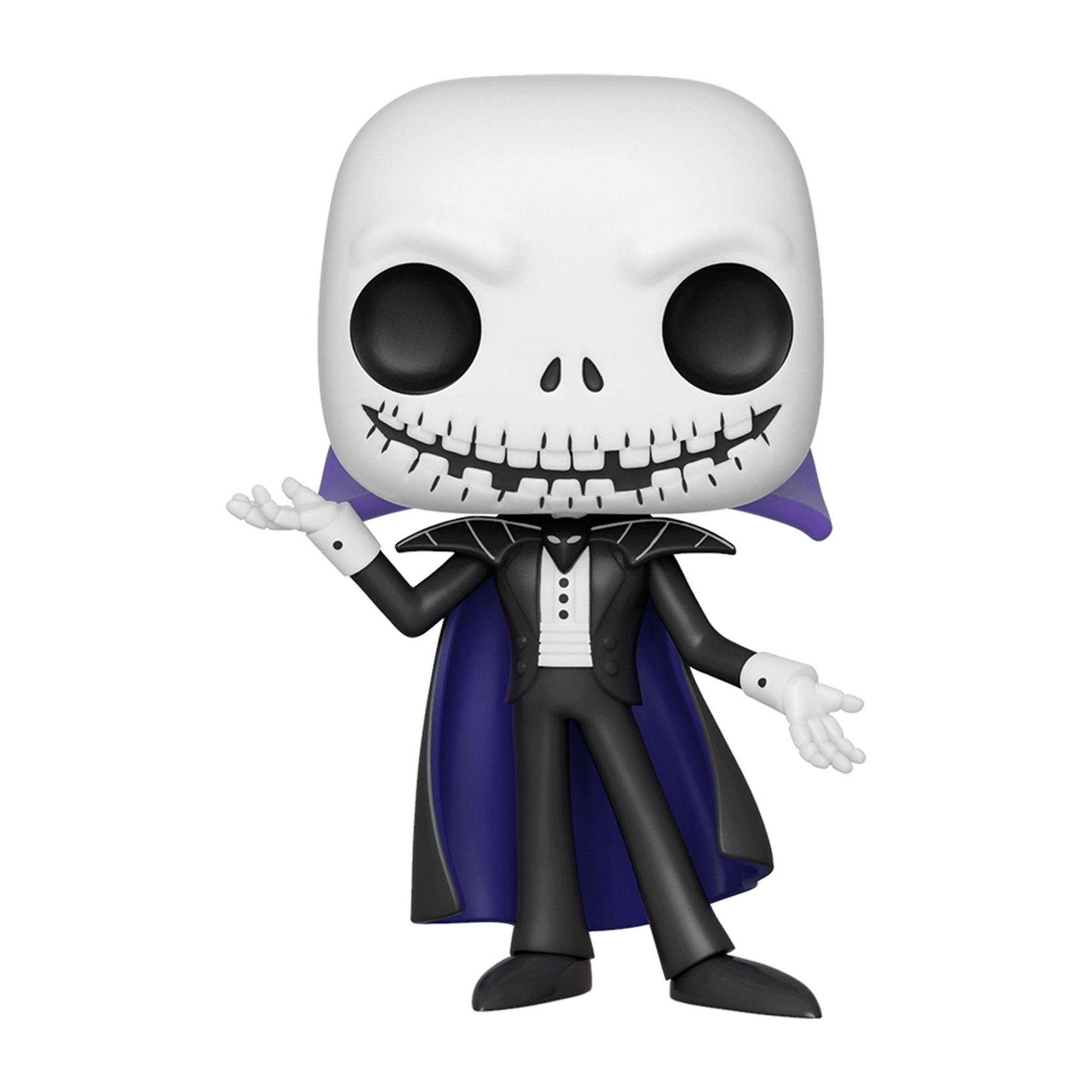 Figura Funko Pop di Jack Skellington, testa bianca, completo nero e mantello.