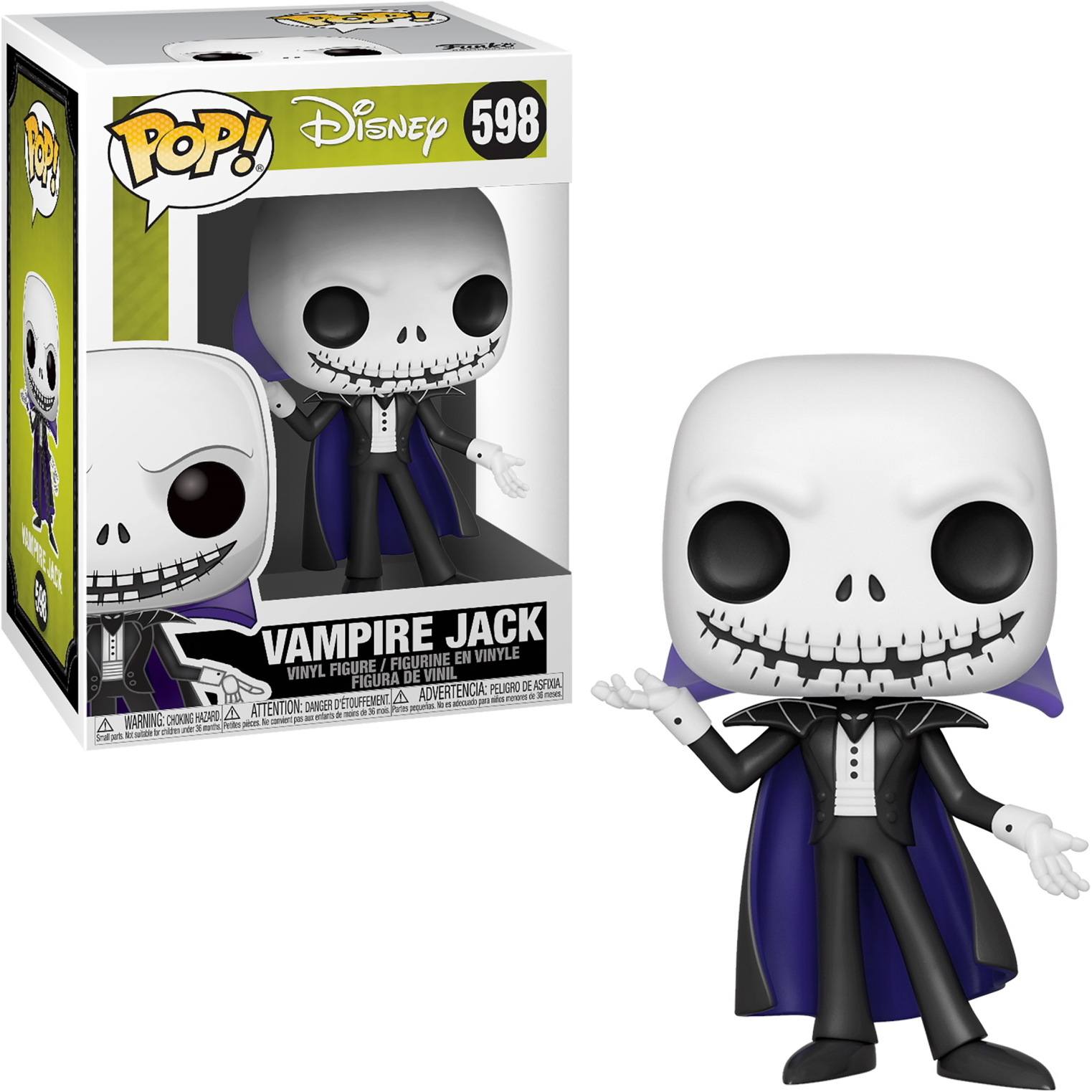 Figura Pop di Jack Vampiro in abito nero, mantello viola e logo Disney.