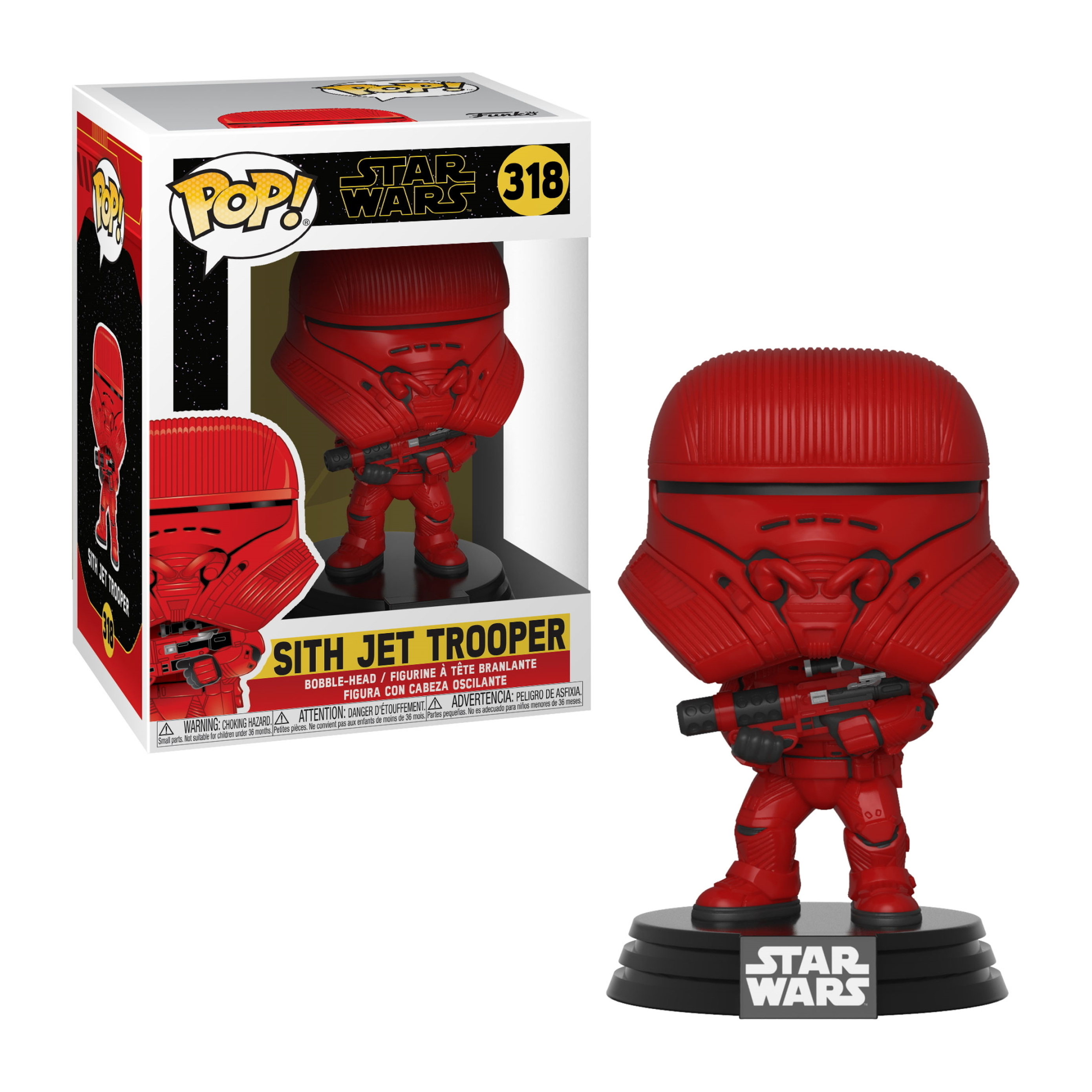 Rote Sith Jet Trooper Figur mit Pistole, aus Star Wars, in einer Box. Figur steht auf schwarzem Sockel.