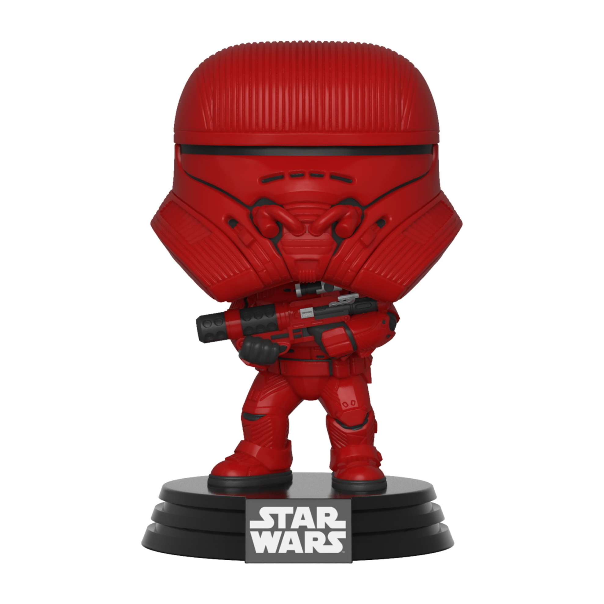 Rote Sith Trooper Star Wars Funko Pop Figur mit Blaster auf schwarzer Star Wars Basis.