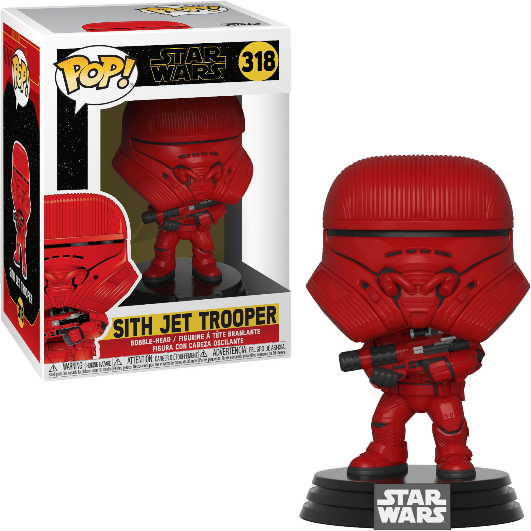 Funko Pop! Figur von Sith Jet Trooper aus Star Wars, in Box. Rote und schwarze Farben.