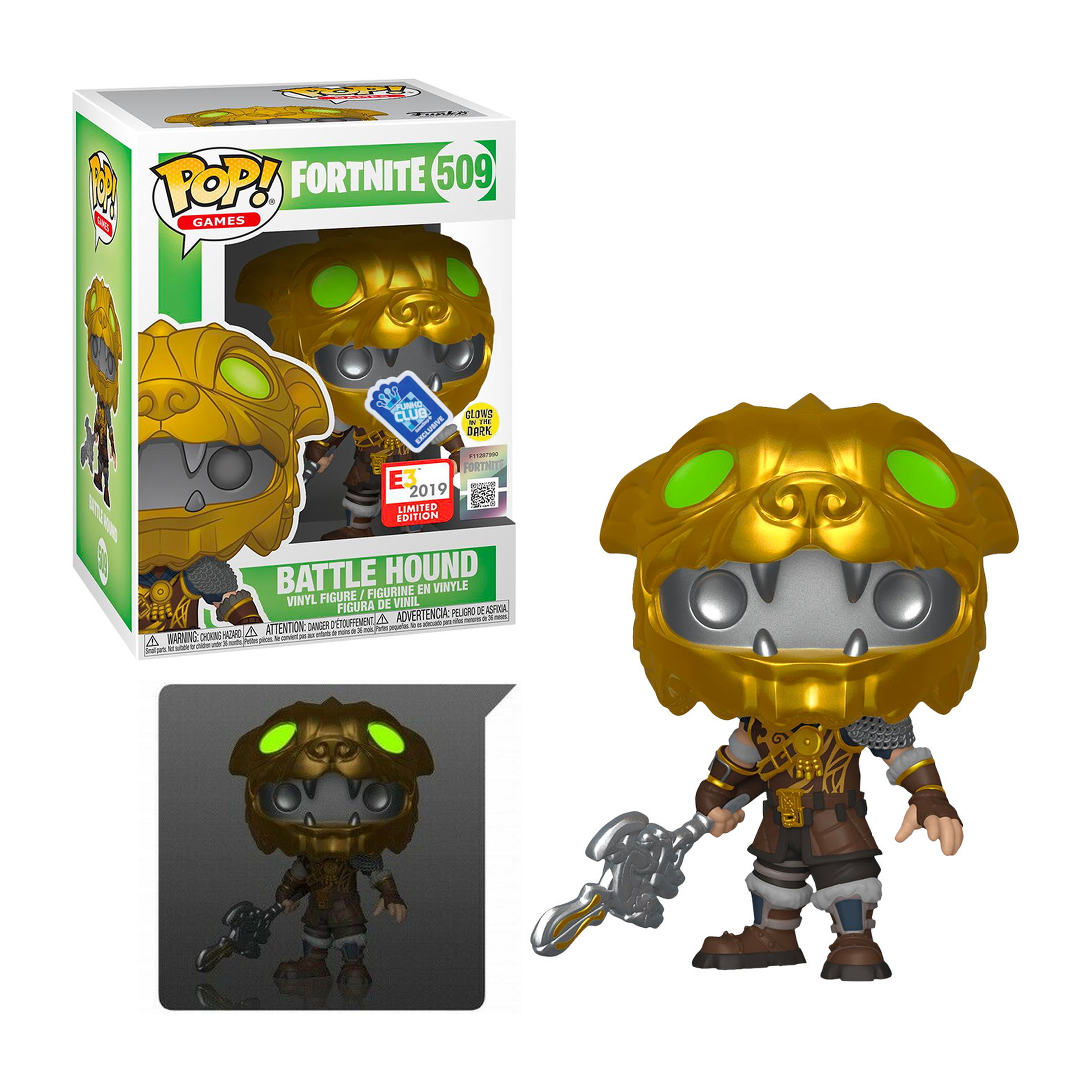 Fortnite Battle Hound Figur in Box. Golden Helmfigur mit einer Waffe.