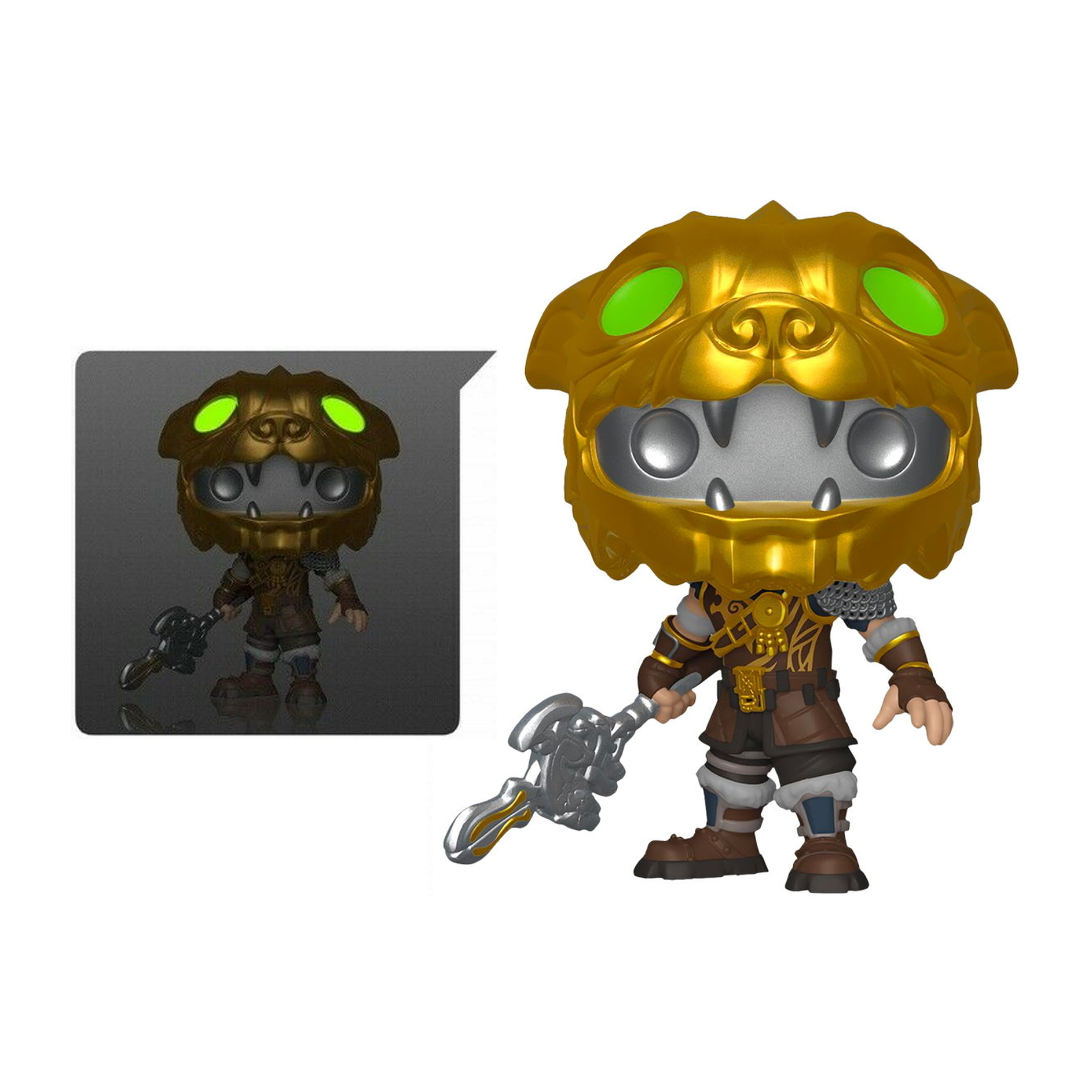 Eine Funko Pop Figur einer Figur mit goldenem Helm, die eine Waffe hält.