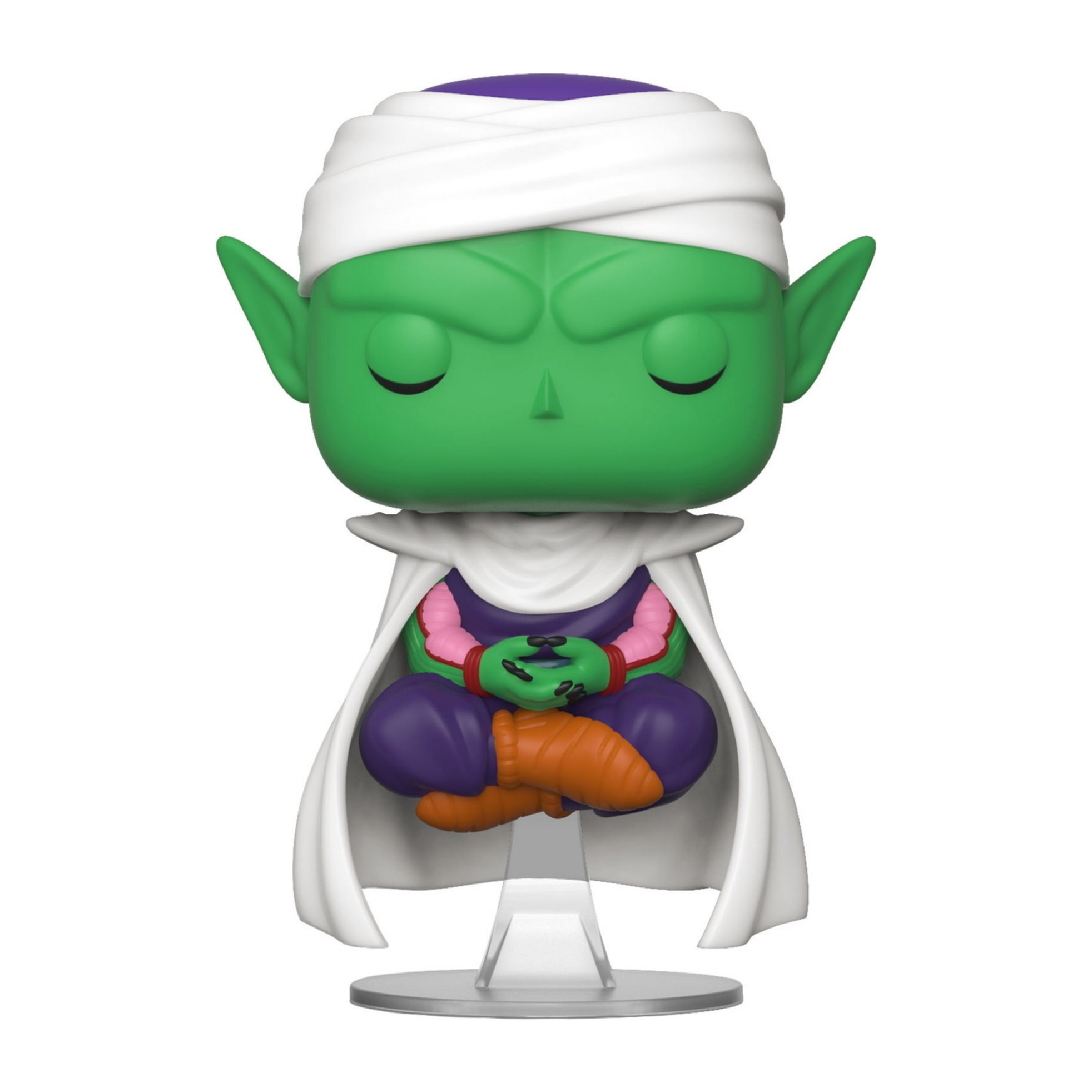 Funko Pop Figur von Piccolo beim Meditieren, grüne Haut, weißer Turban, lila Hose.