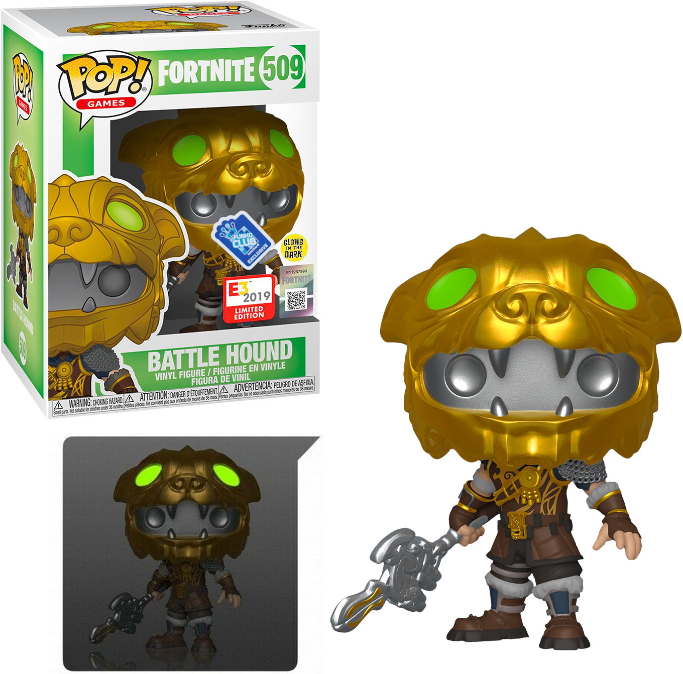 Battle Hound Funko Pop Figur, trägt eine goldene Maske, hält eine Waffe. Figur in einer Box.
