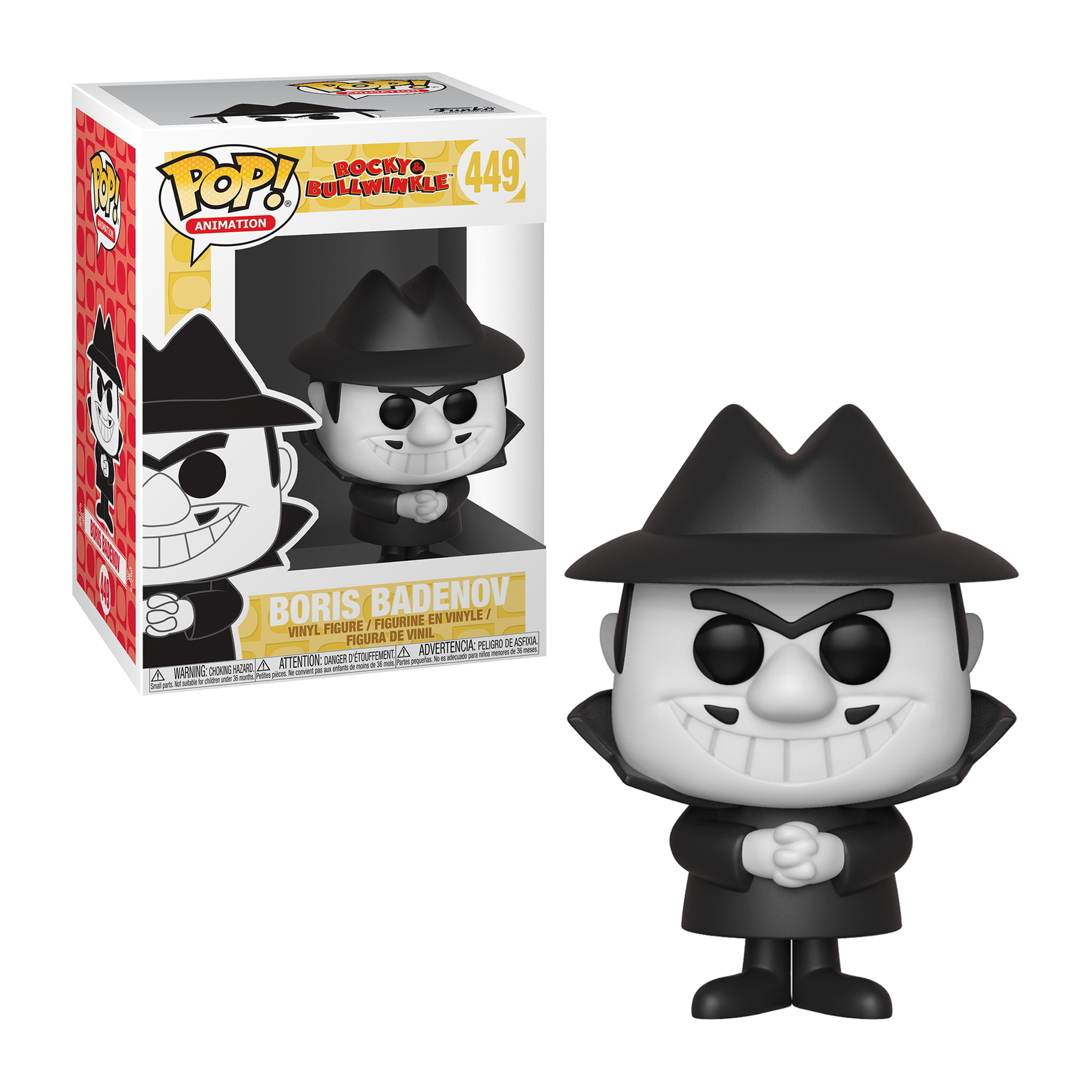 Eine schwarz-weiße Boris Badenov Funko Pop Figur mit schwarzem Hut und Mantel.