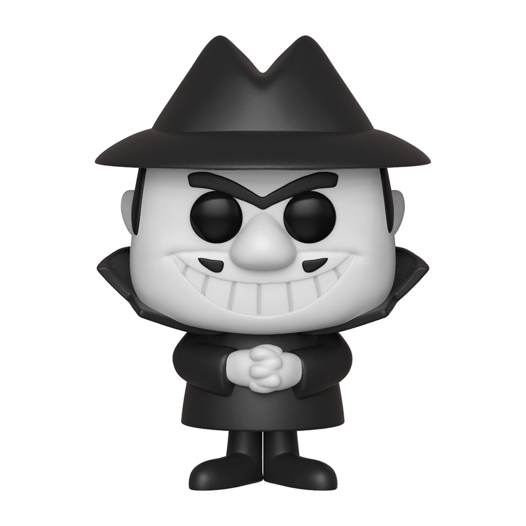 Eine Funko Pop-Figur eines Mannes mit schwarzem Hut, schwarzem Mantel und einem finsteren Lächeln, in Schwarz-Weiß.