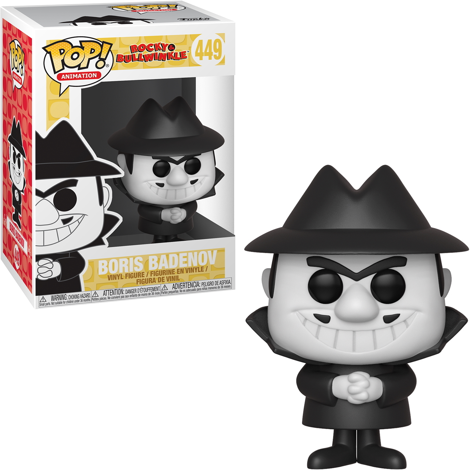 Eine Funko Pop Figur von Boris Badenov. Eine Schwarz-Weiß-Cartoonfigur mit schwarzem Hut.
