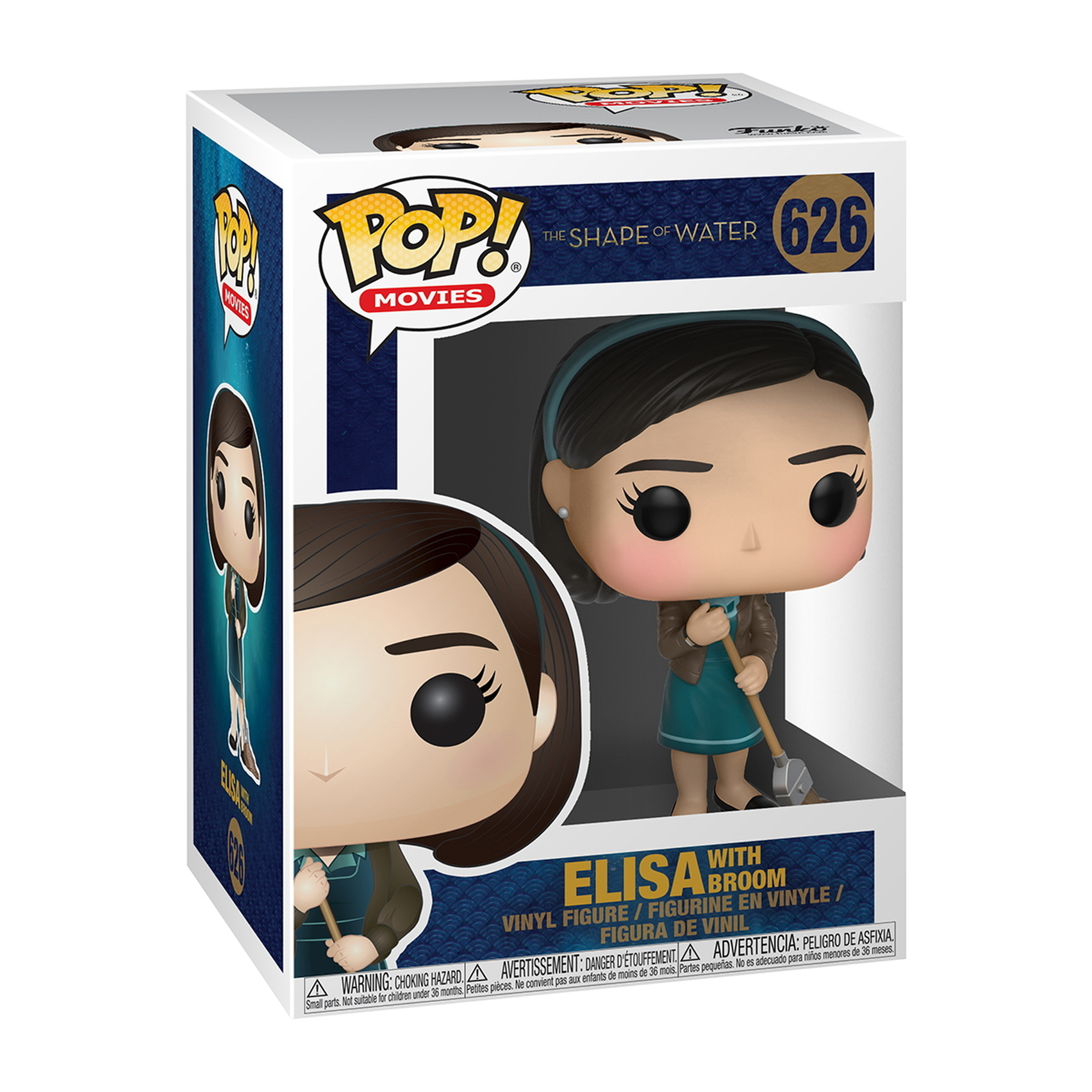 Una figura Funko Pop di Elisa da The Shape of Water, con una scopa. In una scatola con l'arte del film e il logo.