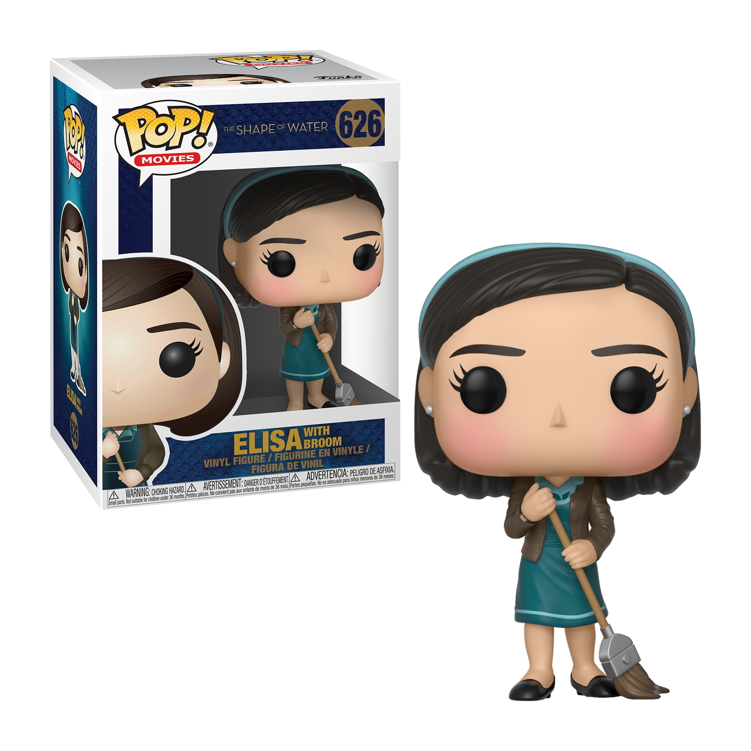 Figurina di Elisa con scopa in scatola. Donna con cappotto marrone, che tiene una scopa.