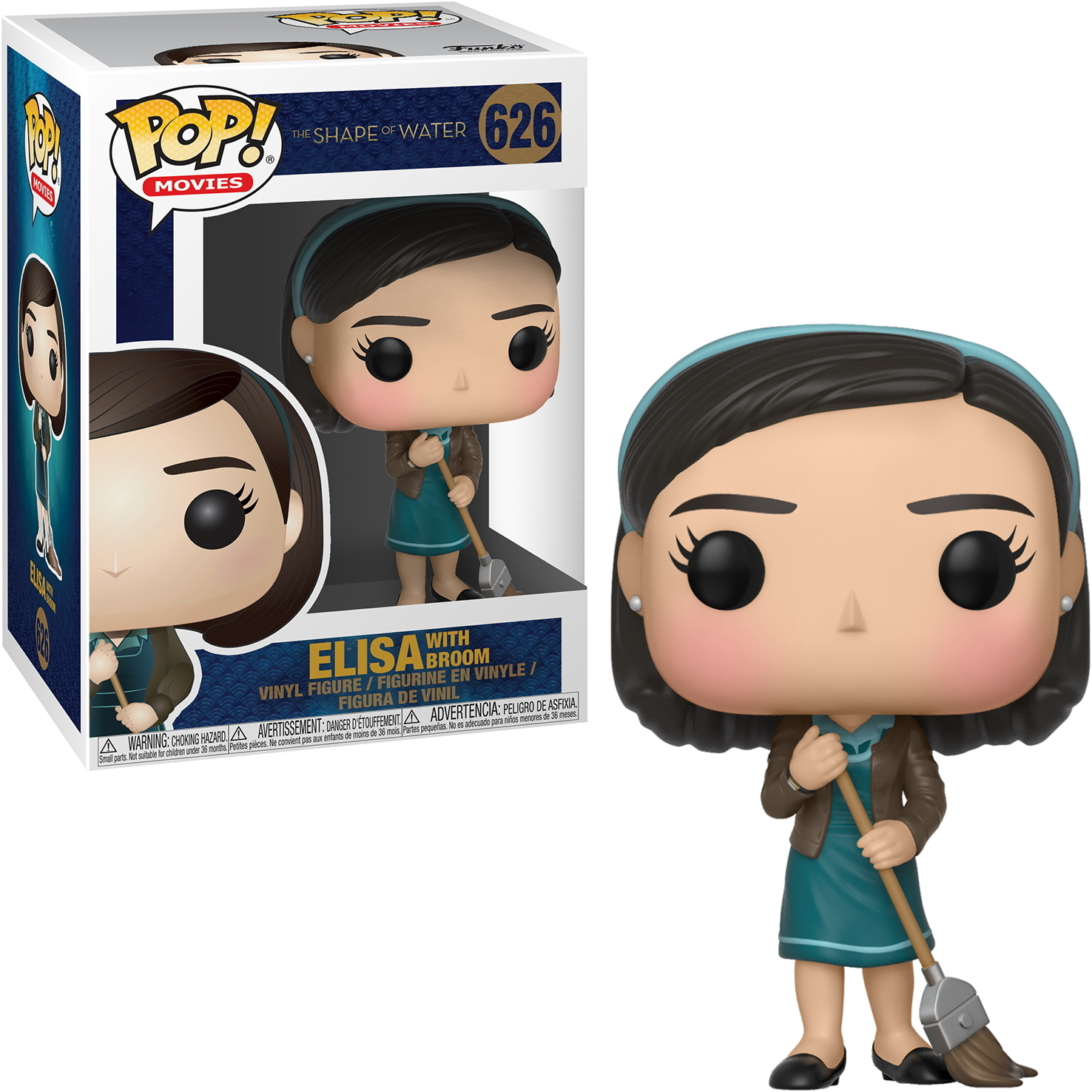 Figurina Elisa da The Shape of Water Pop!, con una scopa. Indossa un vestito e una giacca.