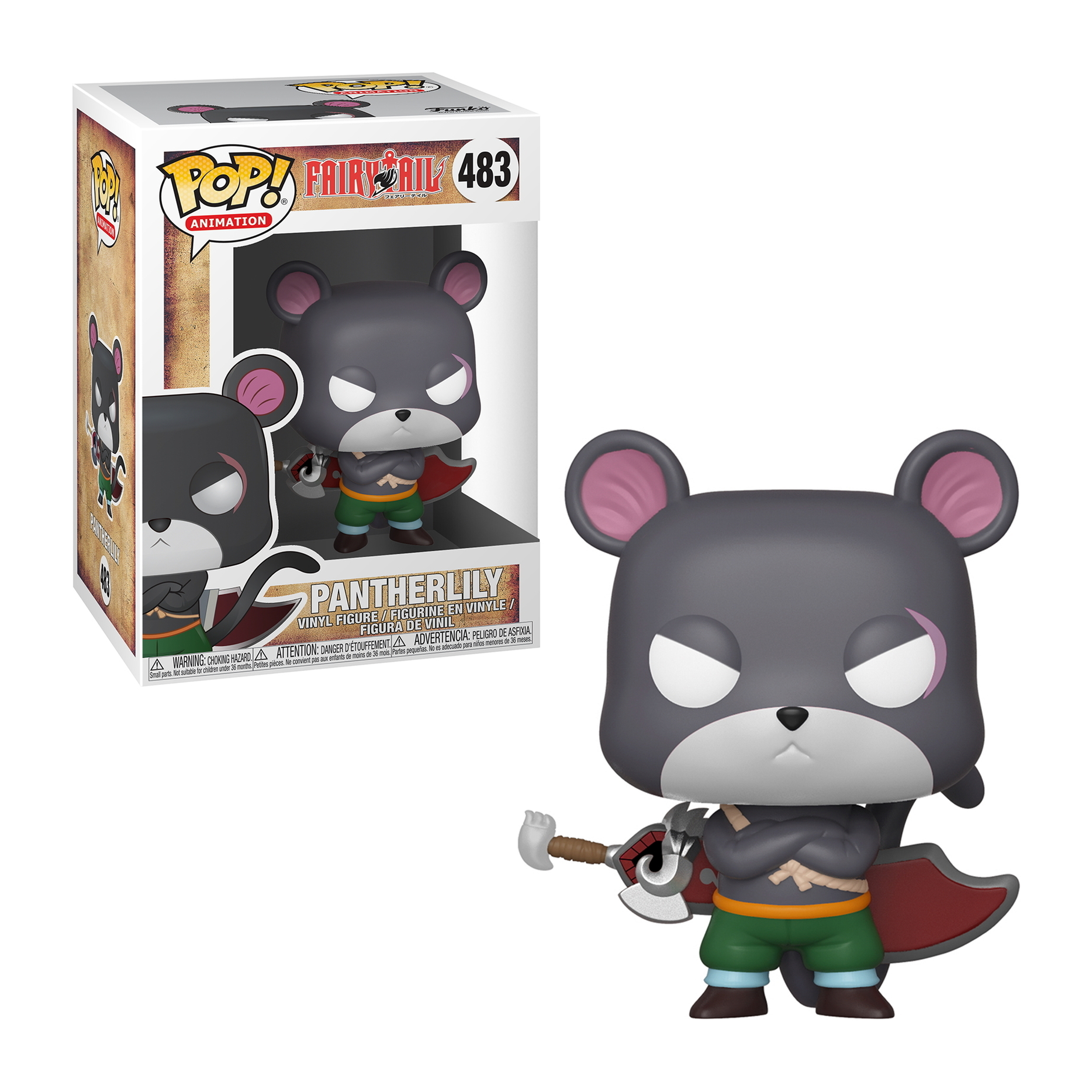 Una figura Funko Pop di un personaggio grigio simile a un topo con un cappello e un'ascia.