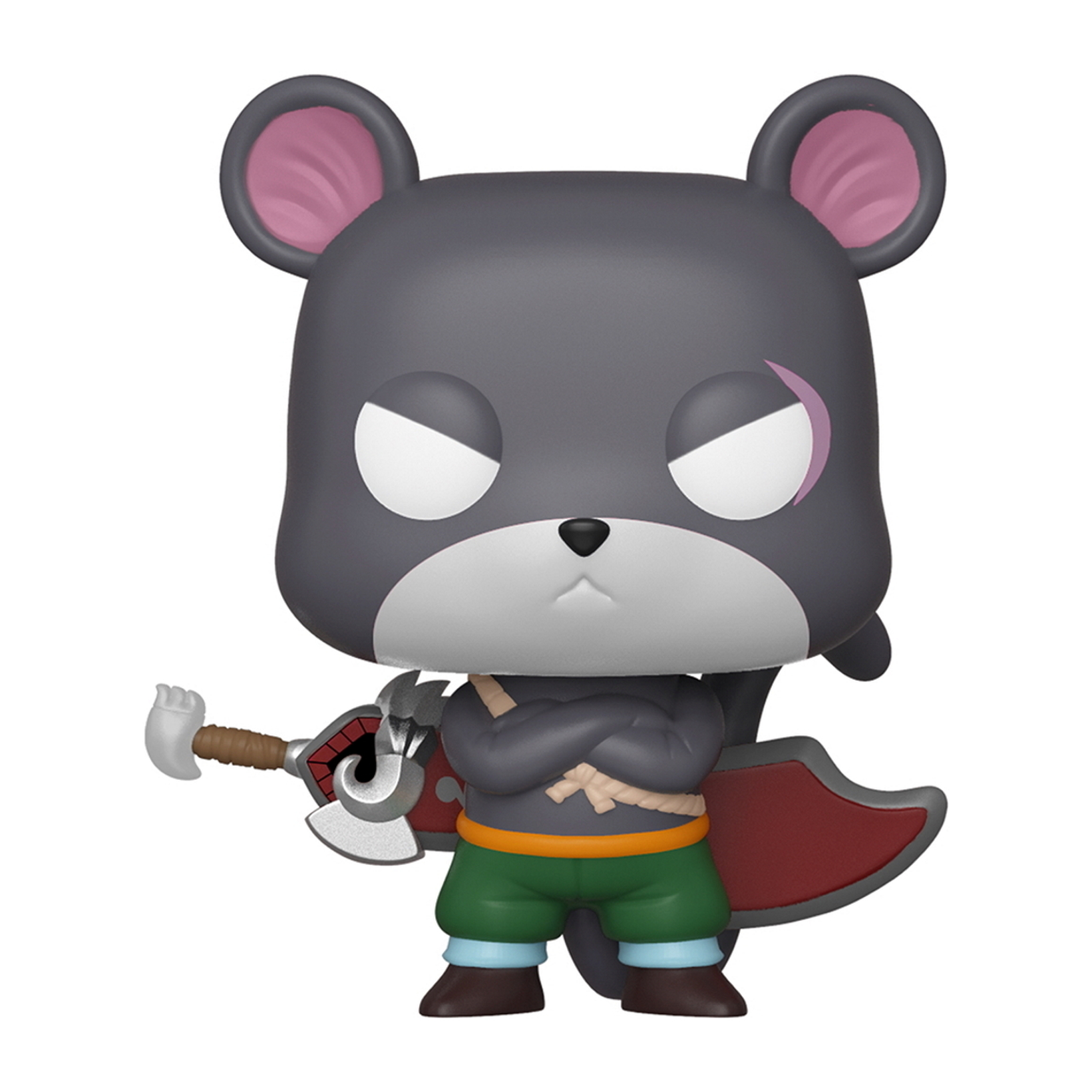 Figura Funko Pop di un personaggio simile a un topo con un'arma, mantello rosso e pantaloni verdi.