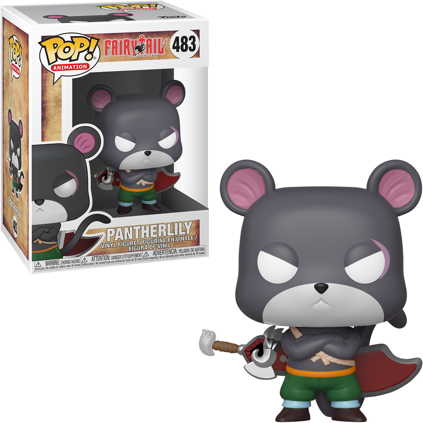 Figurina di Pantherlily con un'arma e la sua scatola. Sfondo bianco.